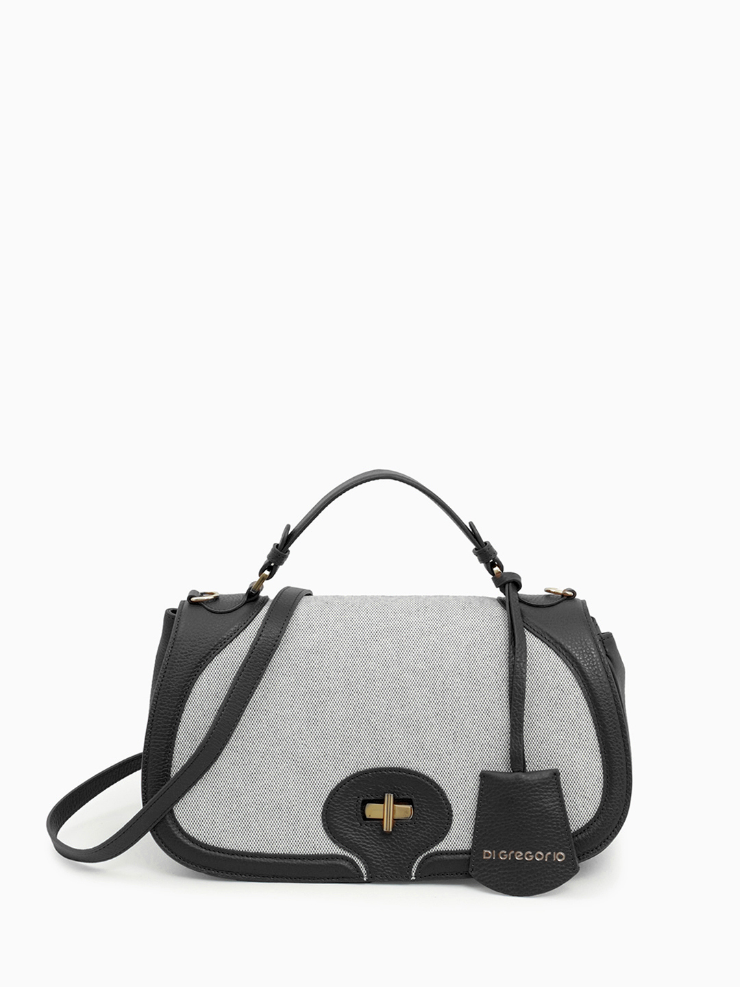 Сэтчел с вставками из натурального льна с золотистой фурнитурой от Di Gregorio в чёрном цвете