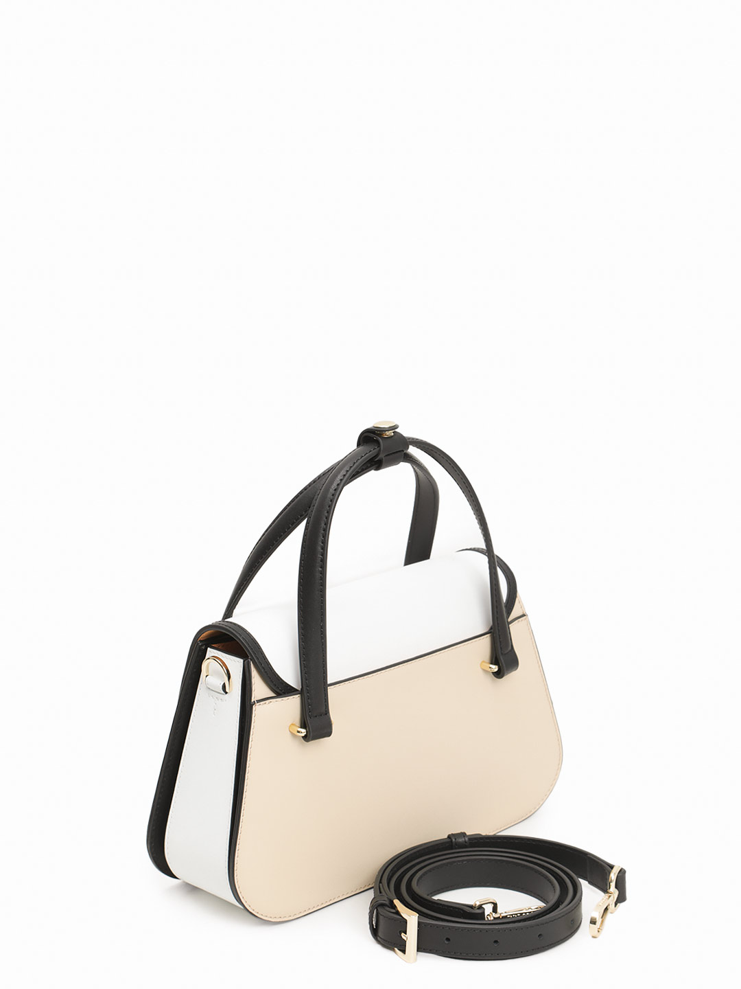 Сумка трапециевидной формы с поворотным замком на фирменной пряжке от Cromia из бежевой и белой кожи