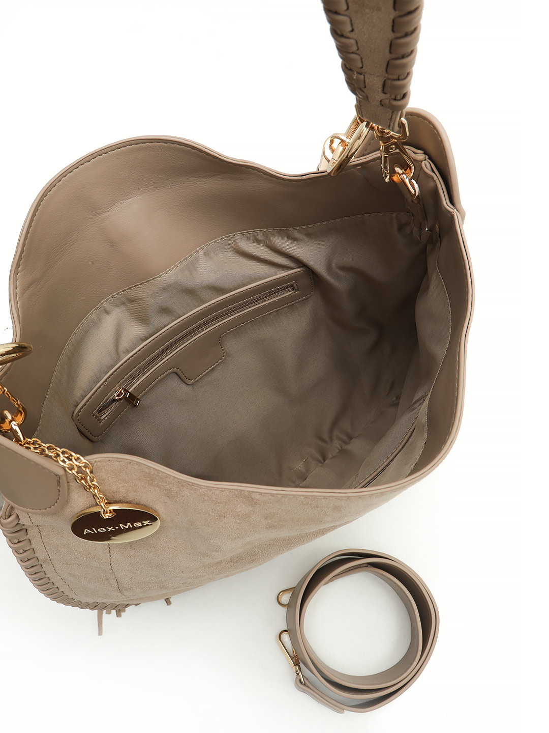 Сумка-мешок с плетением по периметру и на ручке от Alex Max из замши темно-бежевого цвета