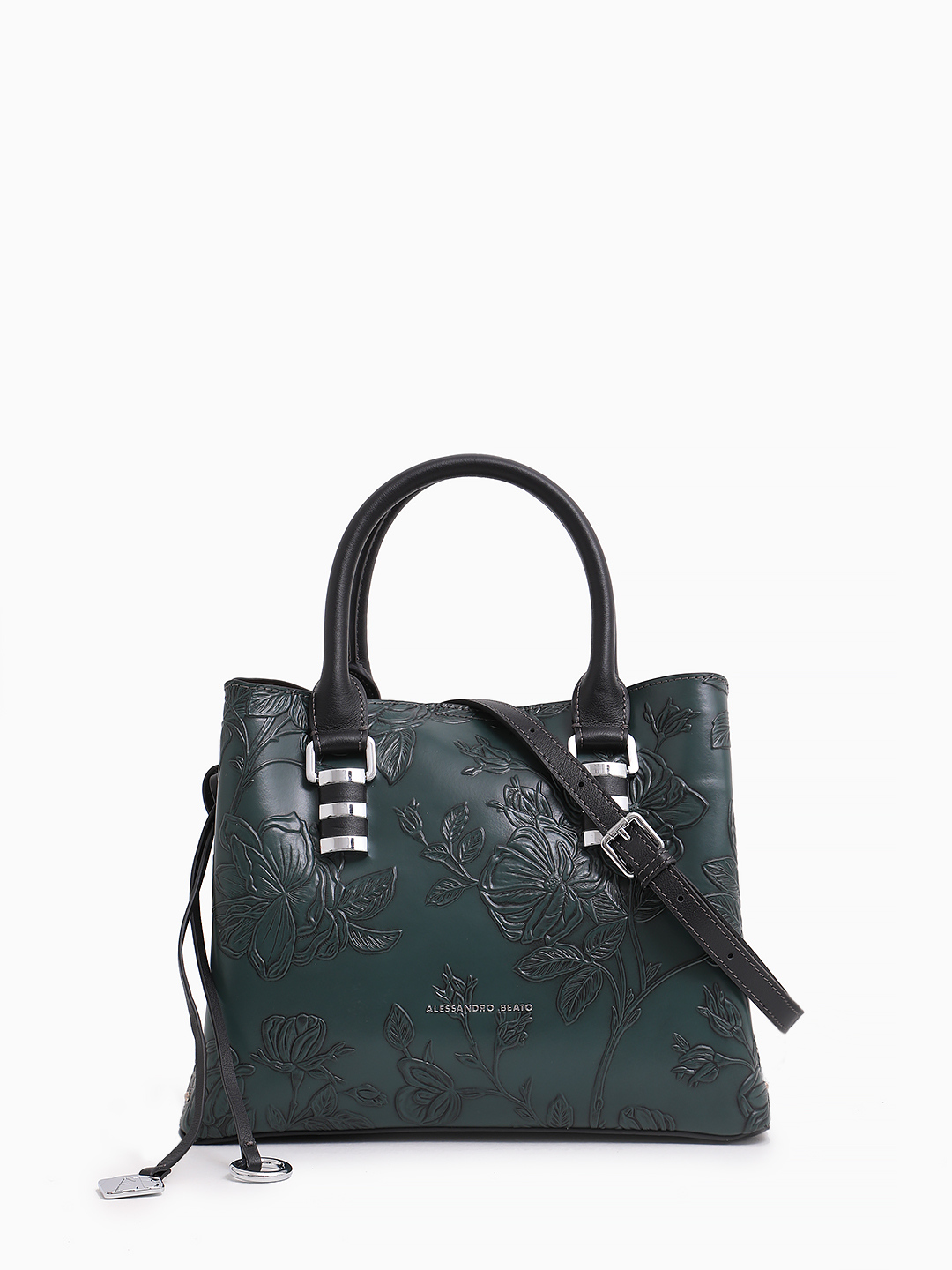 Классическая сумка с объёмным тиснением и металлическими буквами Alessandro Beato в зелёном цвете