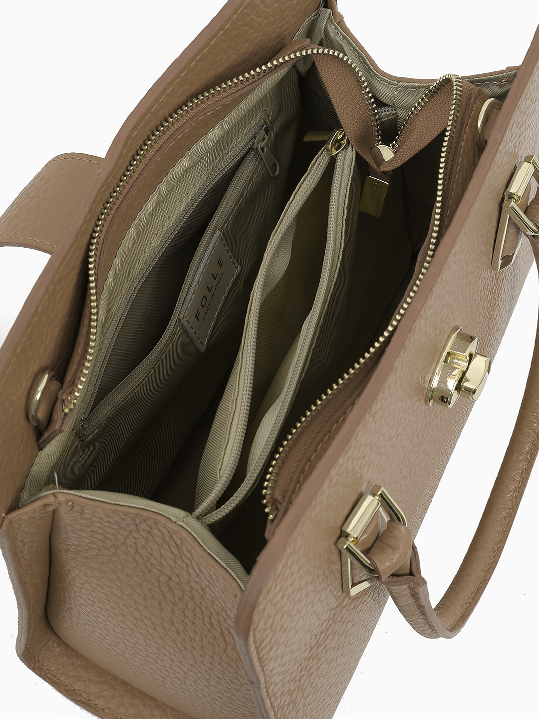 Сумка-тоут с поворотной золотистой фурнитурой в крупнозернистой коже от FOLLE в цвете тауп