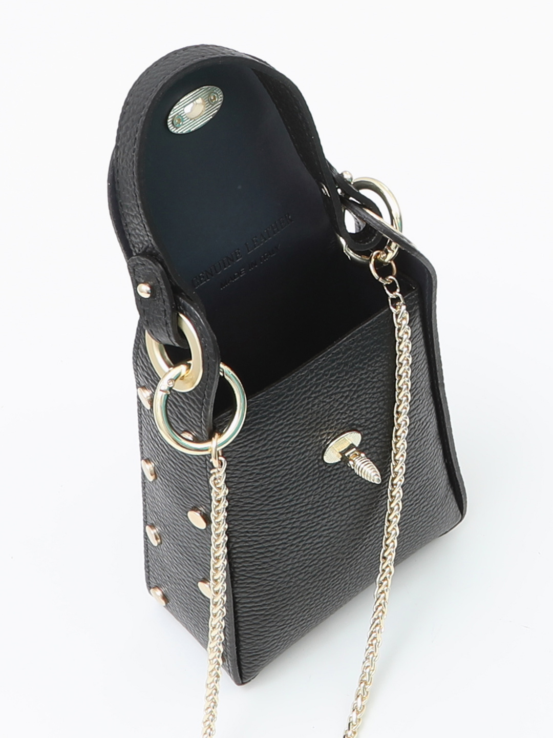 Мини-сумка "Venera" с цепью и застежкой-пчелой от FOLLE из чёрной кожи