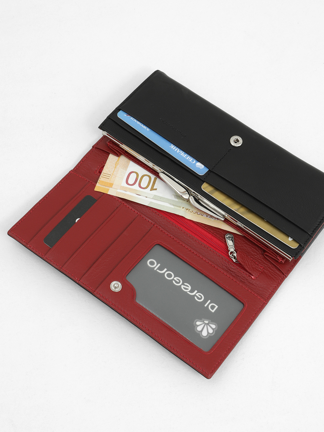 Прямоугольный бумажник от Di Gregorio черного цвета с красной внутренней отделкой