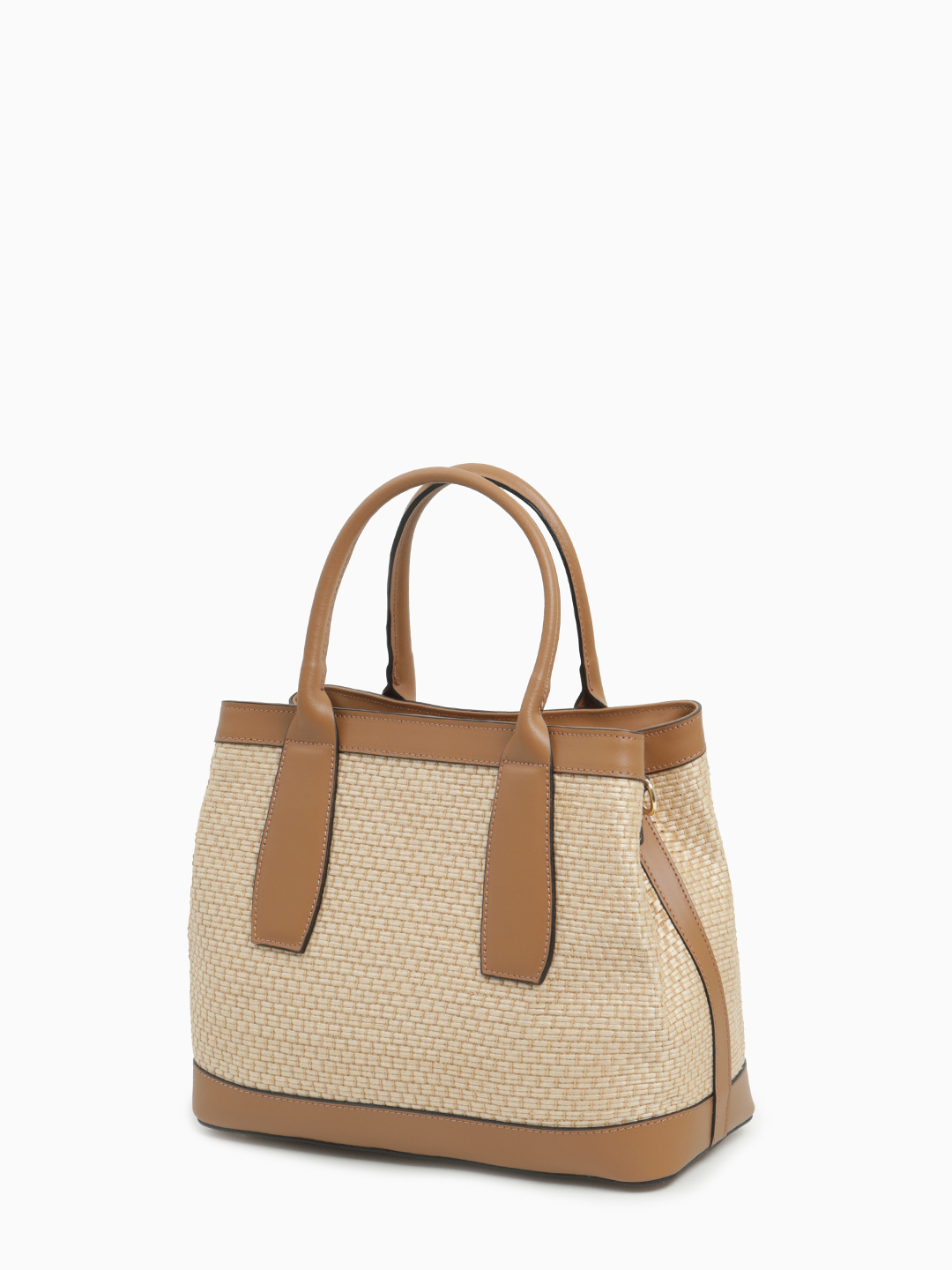Сумка-тоут с регулируемым плечевым ремнём от BE NICE из рафии и натуральной кожи оттенка кэмел