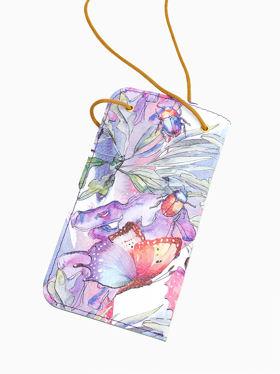 Очечник на шею от Alessandro Beato из натуральной кожи с принтом "Флора и фауна" в сиреневых тонах