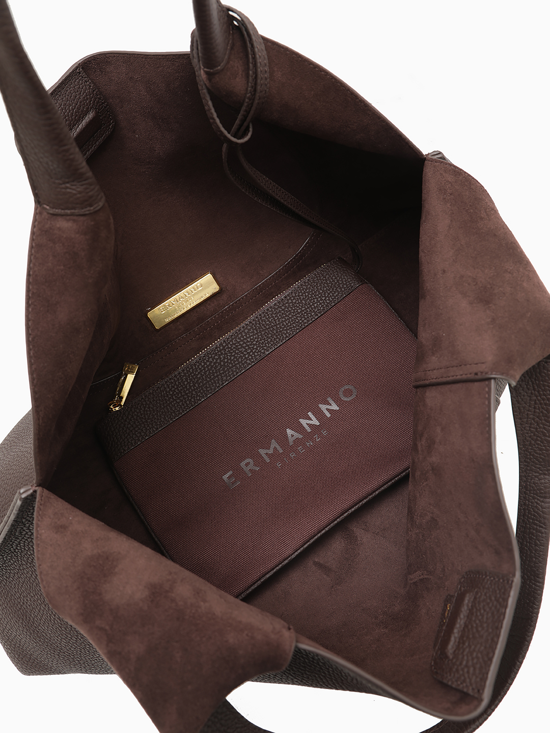 Шопер с текстильным кошельком-косметичкой от Ermanno Firenze из натуральной кожи коричневого цвета