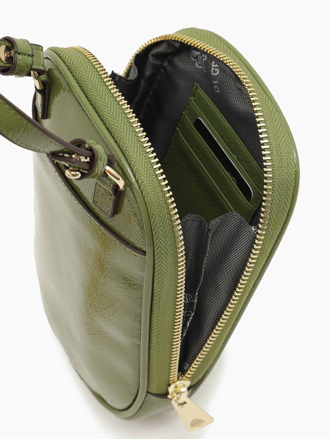 Сумка-кошелёк на шею / через плечо с именной гравировкой Di Gregorio из лаковой кожи оливкового цвета