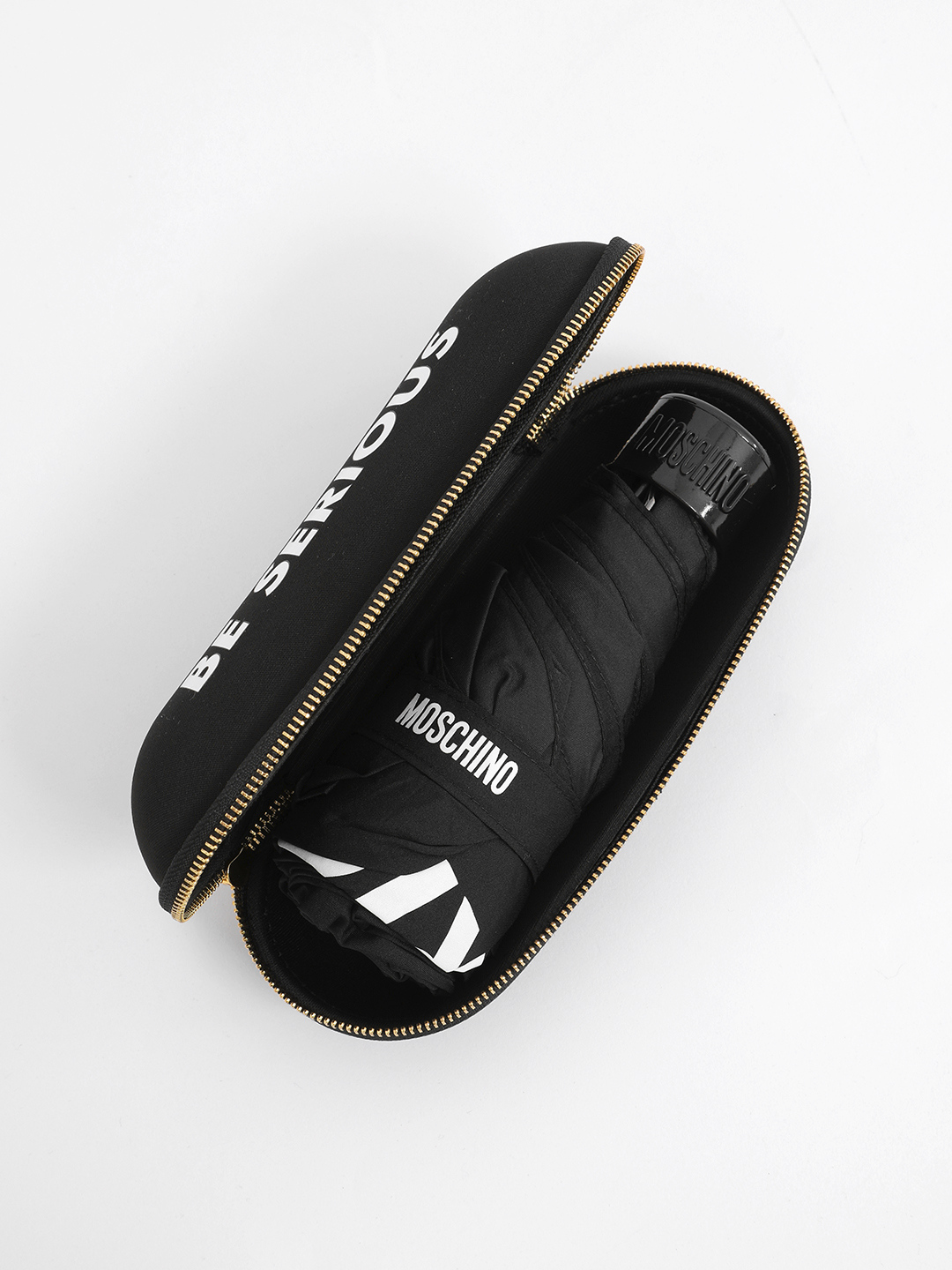 Зонт супермини от Moschino "Ты не можешь быть серьёзной" в чёрном цвете