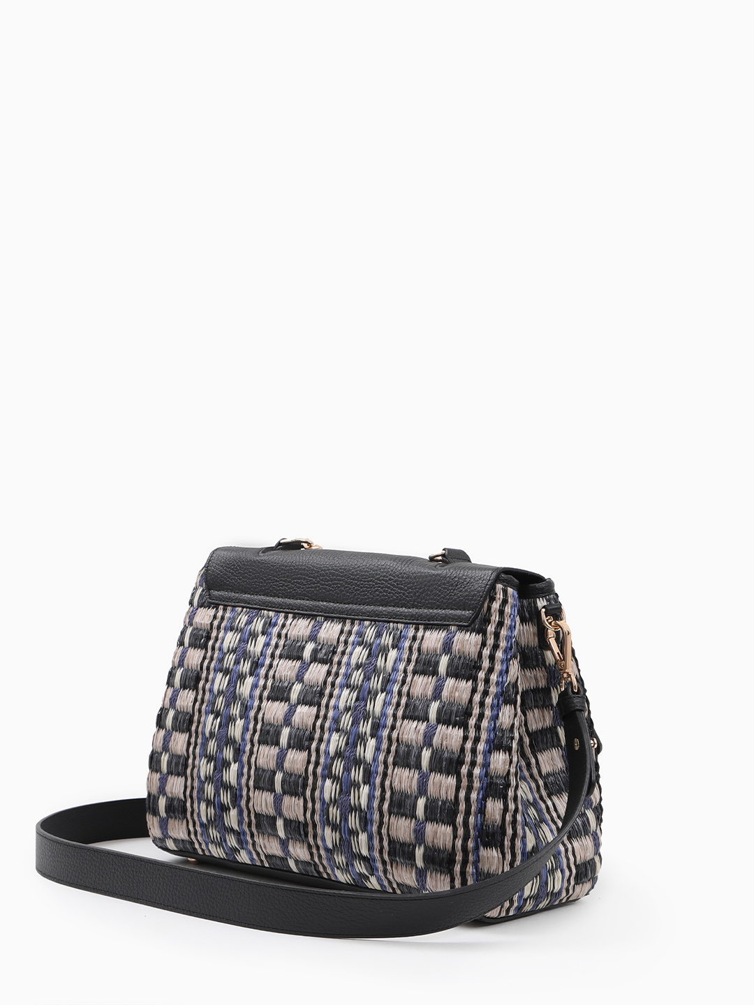 Cэтчел с массивной золотистой цепью и головой леопарда KELLEN из рафии и натуральной кожи чёрного цвета