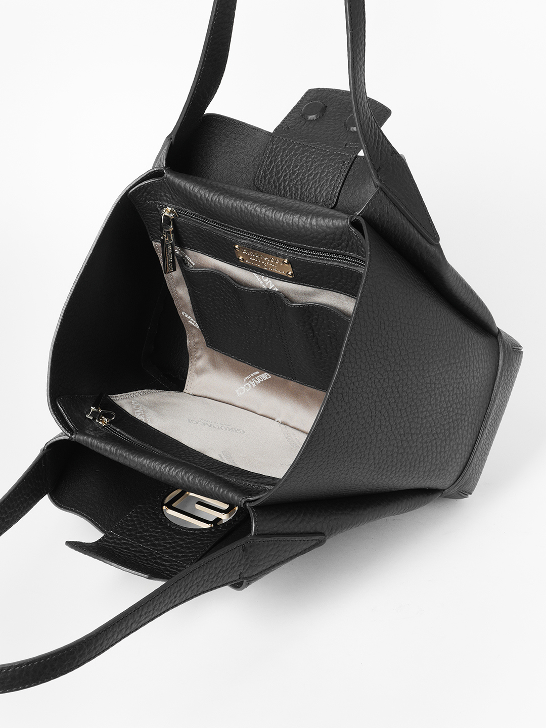 Cумка-тоут с металлической монограммой Gironacci из премиальной кожи в большом размере в чёрном цвете