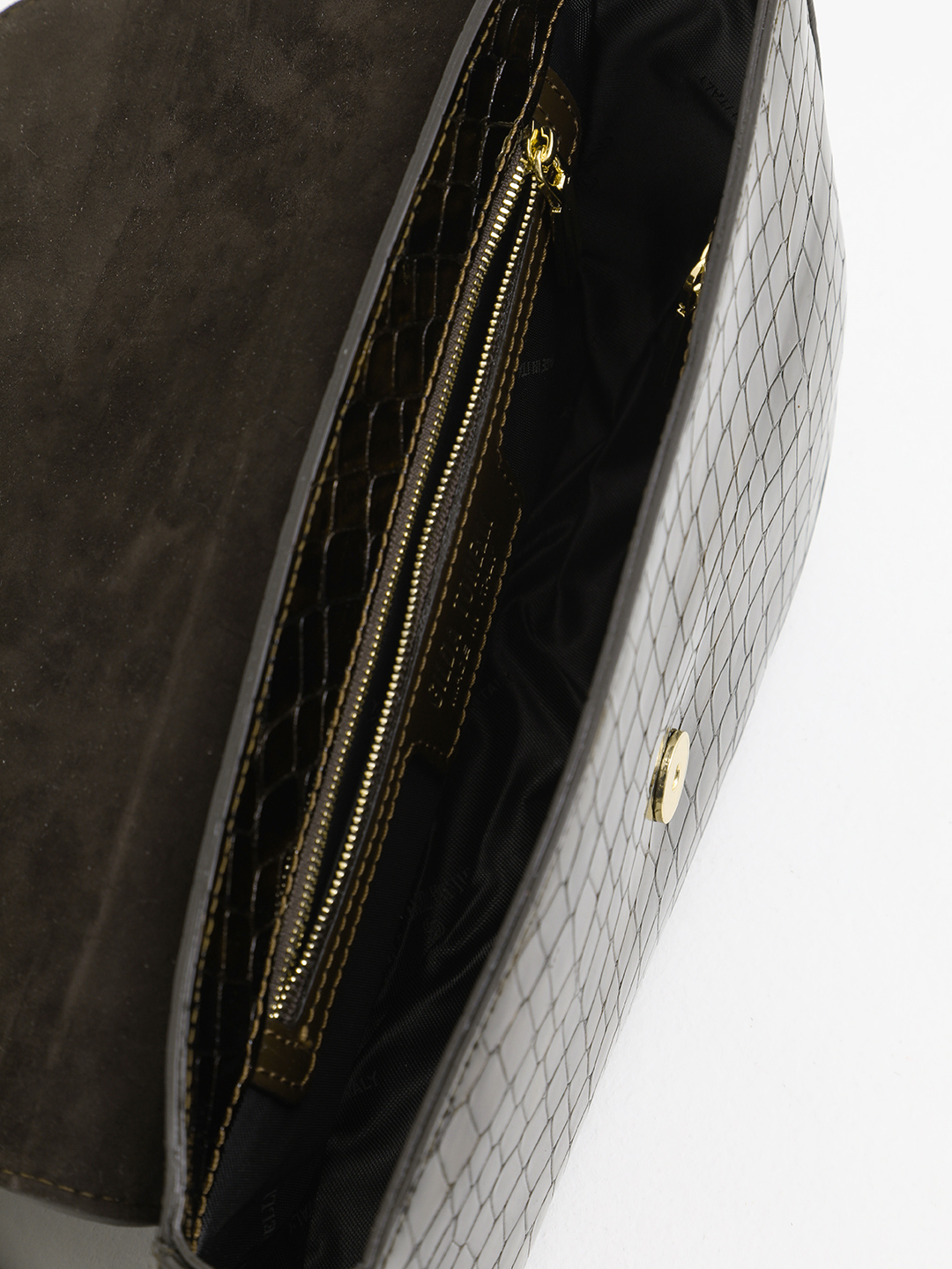 Скосый багет с именными буквами Gilda Tonelli из лаковой кожи под крокодила бронзового оттенка