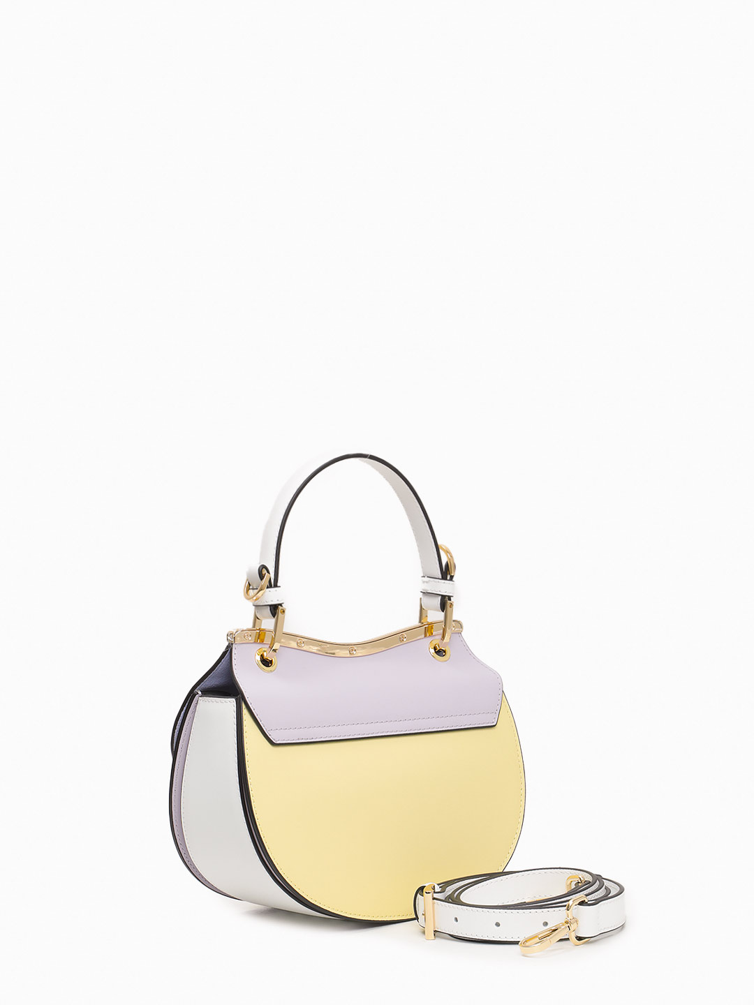 Небольшая сумка полукруглой формы с поворотным замком на фирменной пряжке от Cromia из желтой и сиреневой кожи