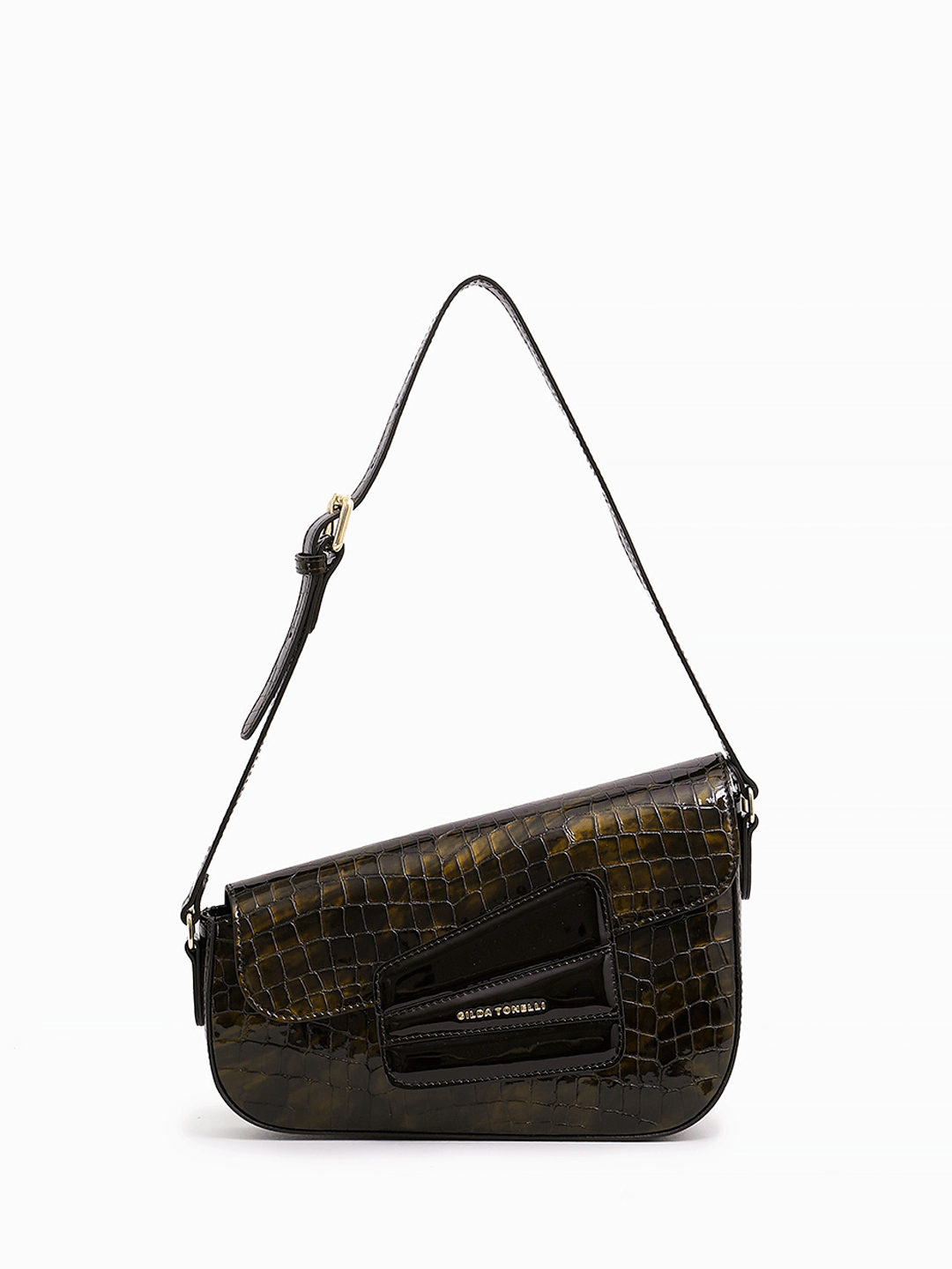 Скосый багет с именными буквами Gilda Tonelli из лаковой кожи под крокодила бронзового оттенка