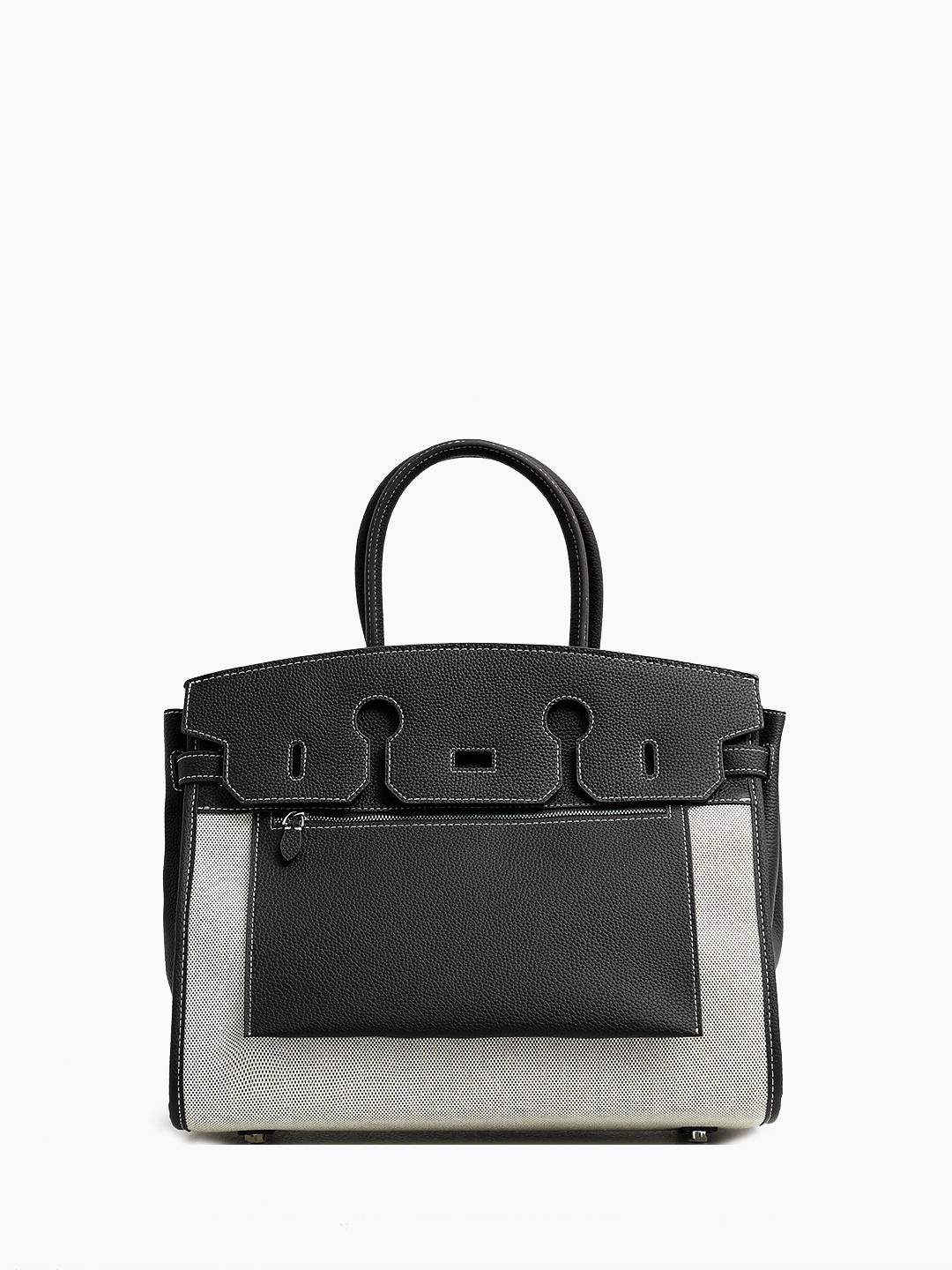 Сумка-сэтчел с фирменной строчкой от IVORY из льна и натуральной кожи чёрного цвета