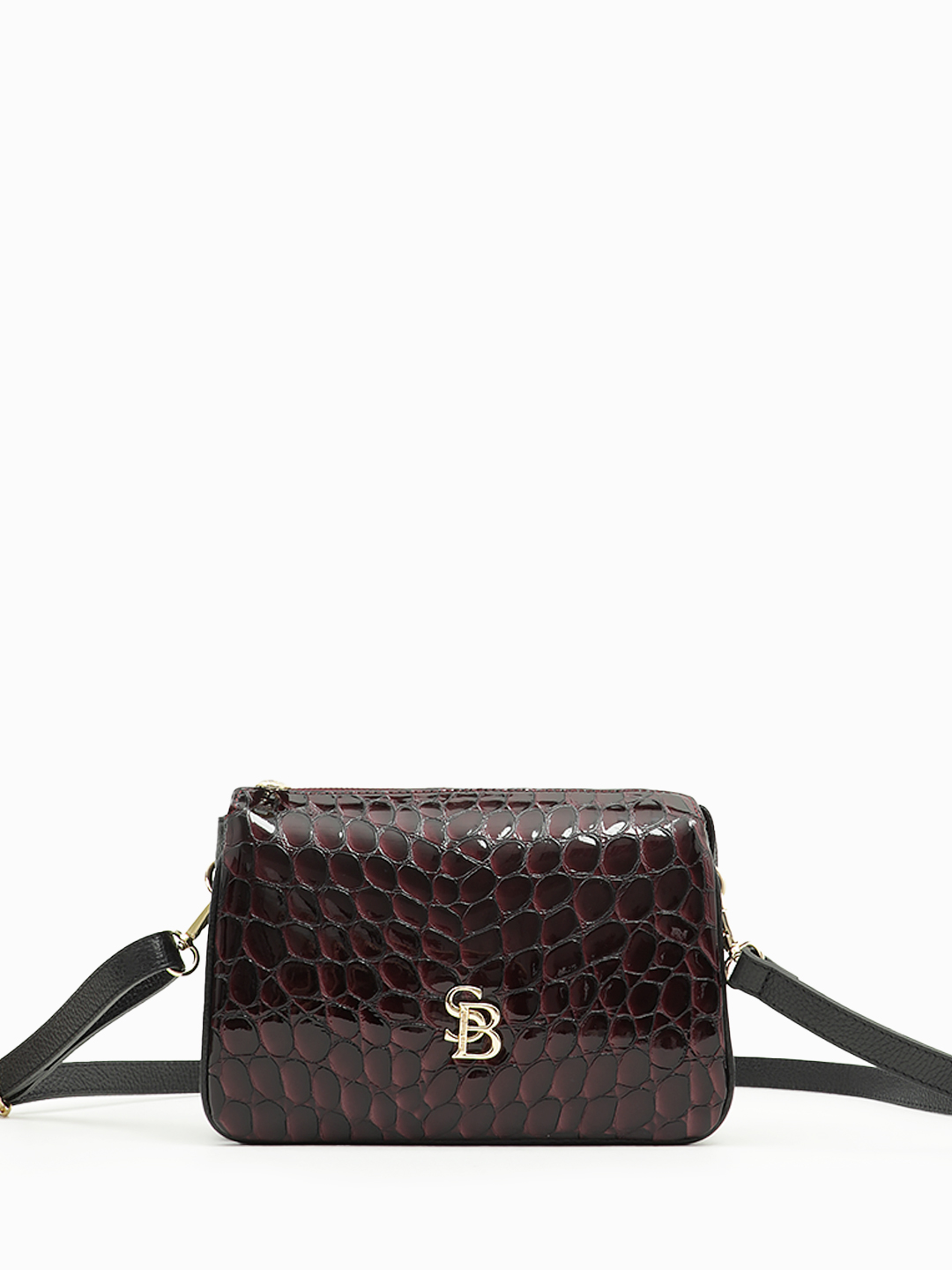 Сумка кросс-боди от Sara Bulglar прямоугольной формы из натуральной лаковой кожи винного цвета 