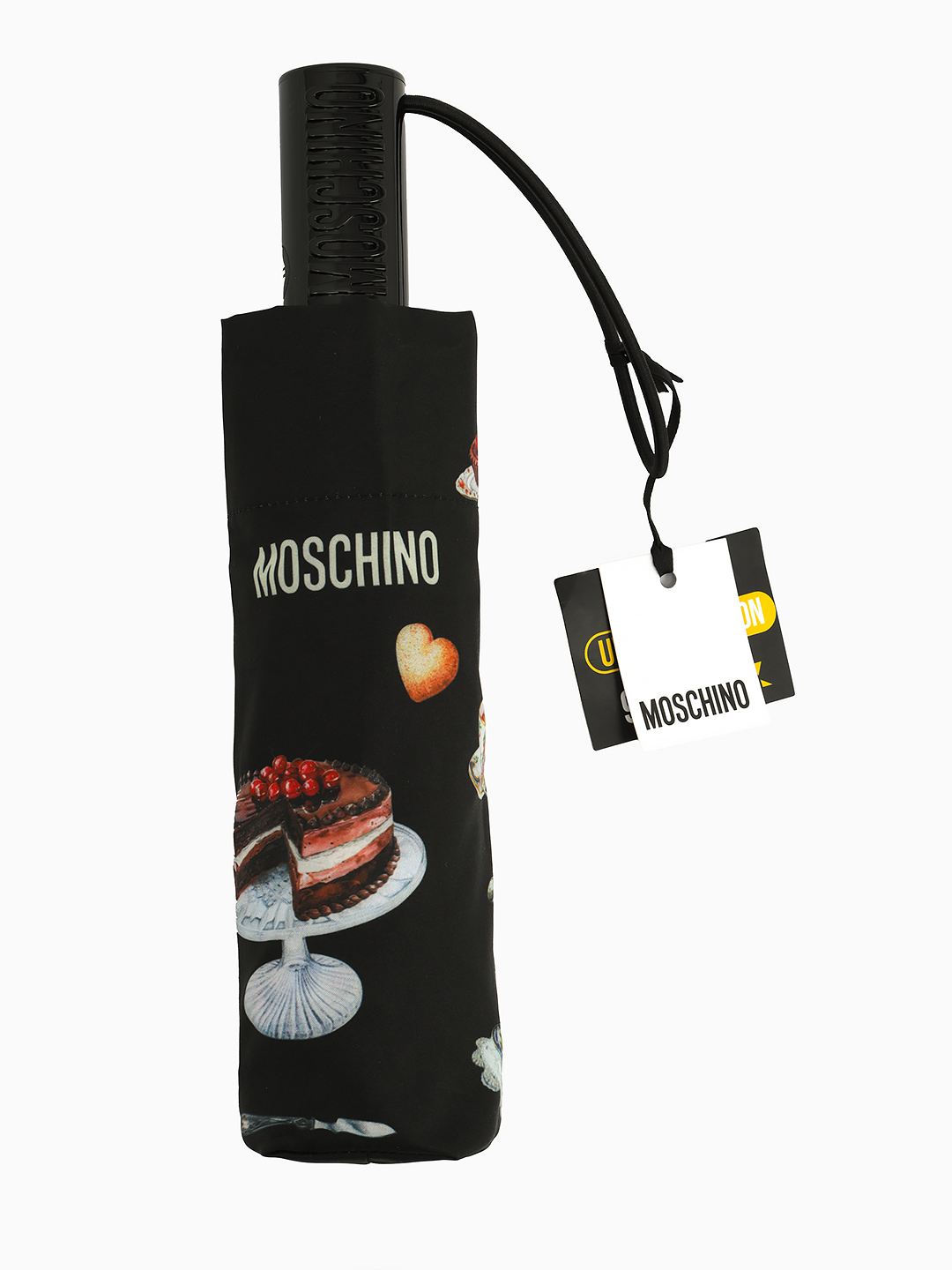 Зонт-автомат mini черного цвета с принтом чайника и торта от MOSCHINO