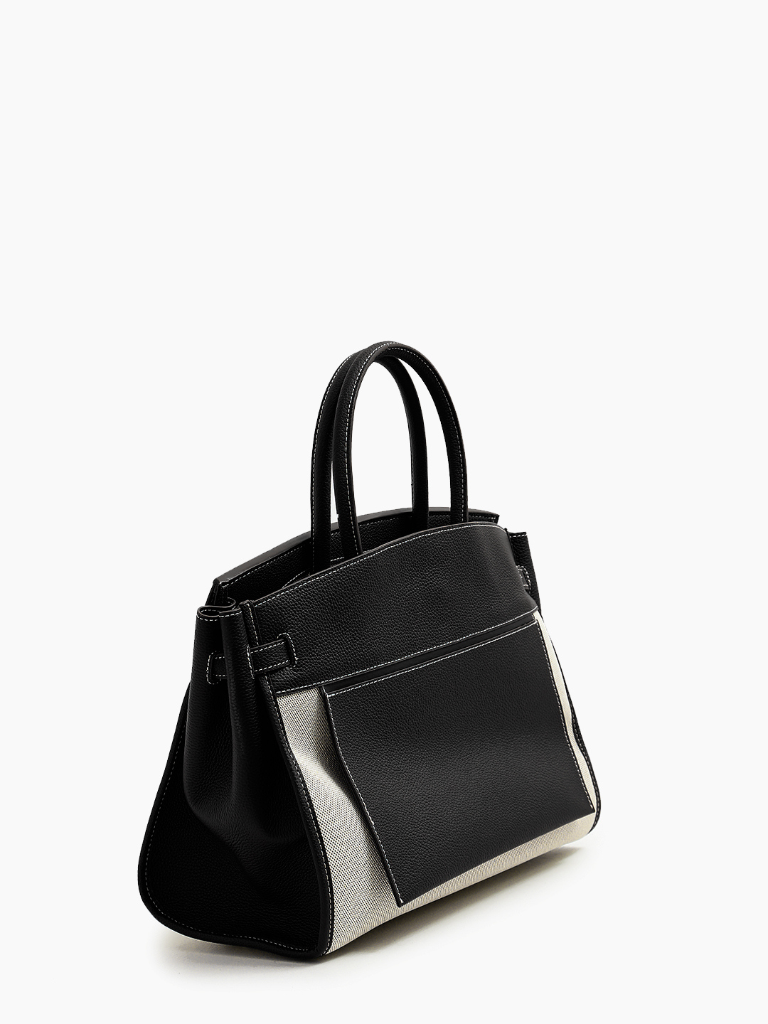 Сумка-сэтчел с фирменной строчкой от IVORY из льна и натуральной кожи чёрного цвета