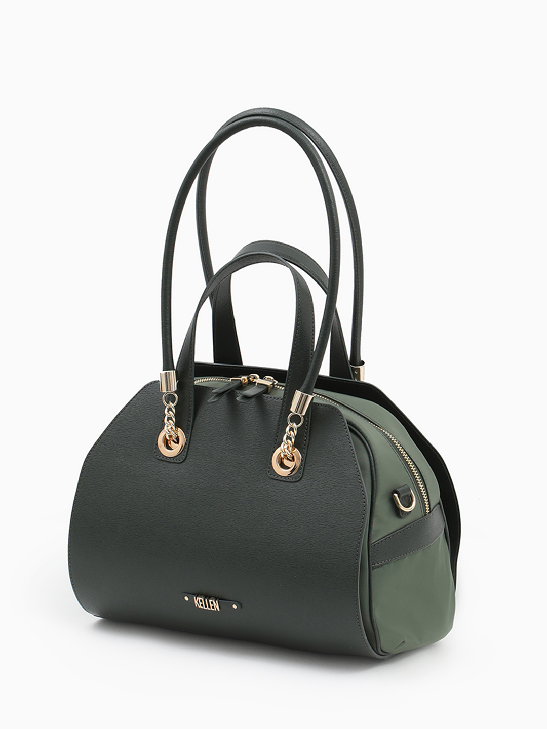 Сумка-трансформер с двойными ручками от KELLEN из нейлона и натуральной кожи зелёного цвета