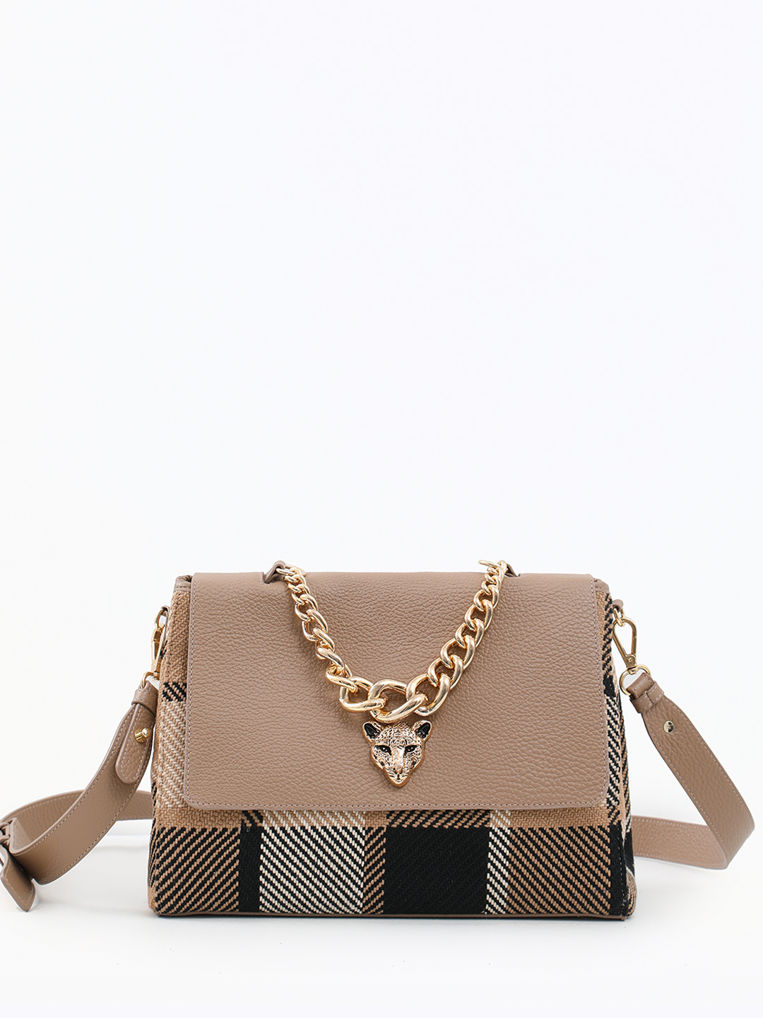 Cэтчел с головой леопарда и узором в клетку от KELLEN оттенка капучино
