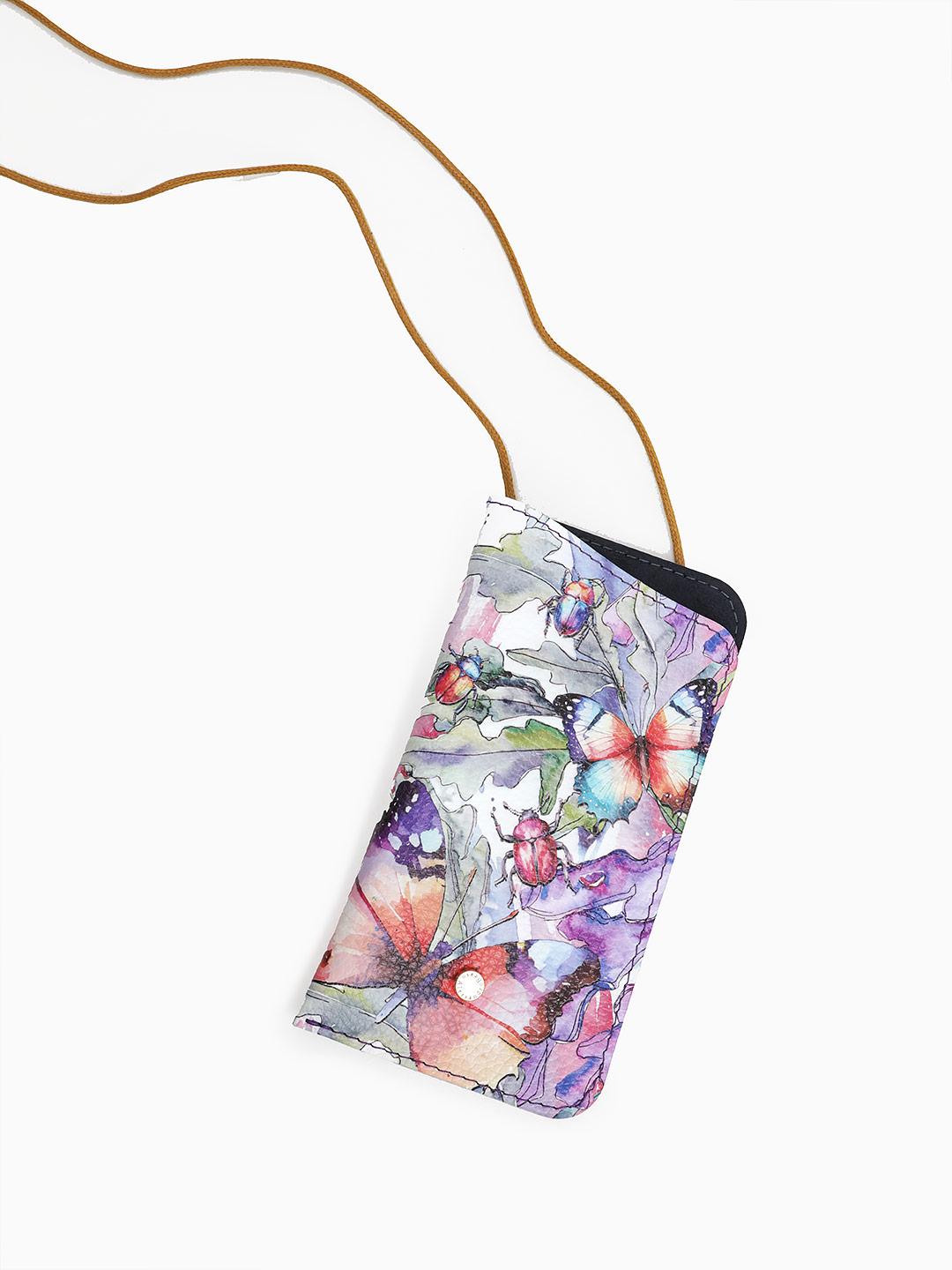 Очечник на шею от Alessandro Beato из натуральной кожи с принтом "Флора и фауна" в сиреневых тонах