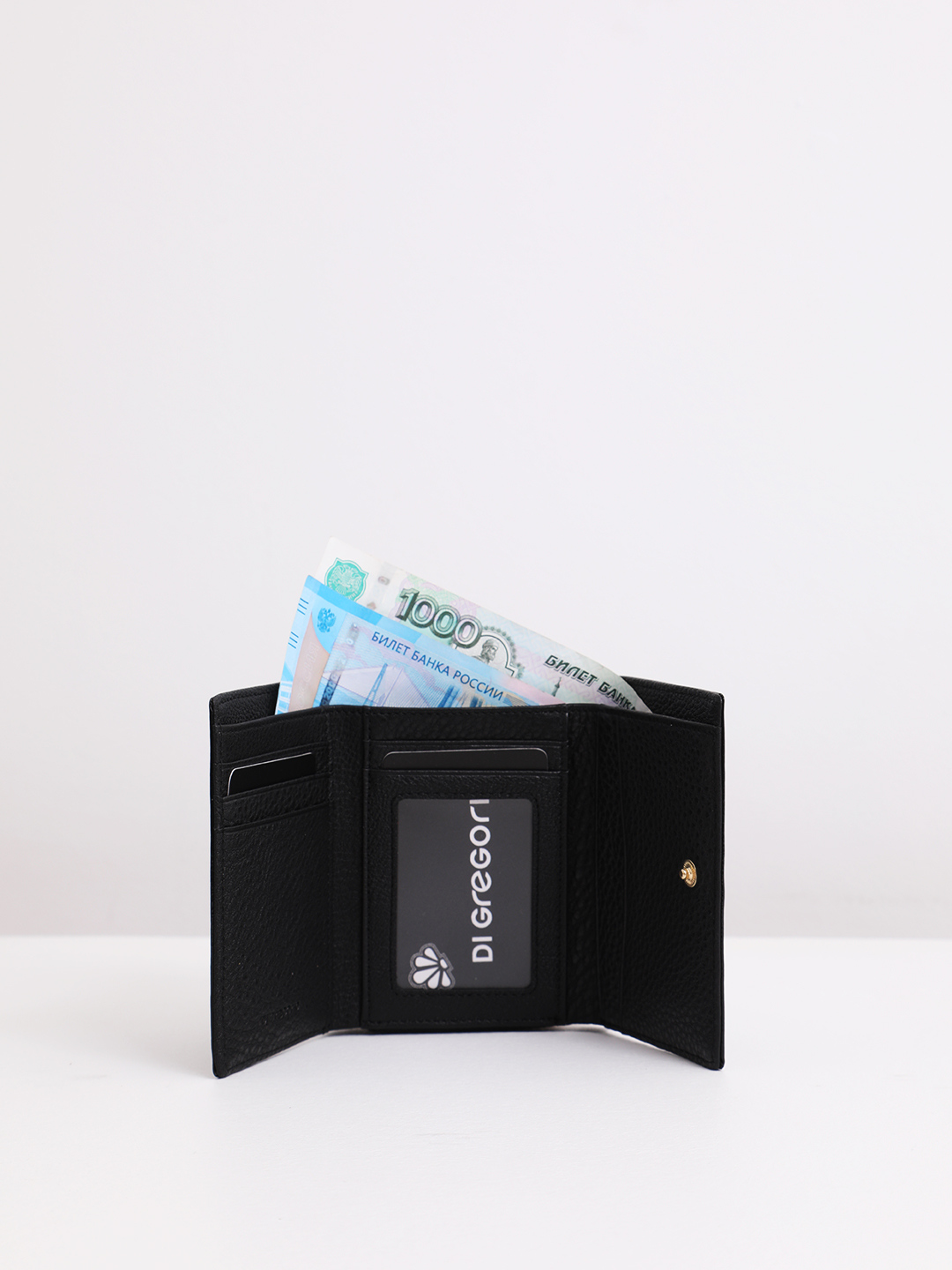 Чёрный лаковый кошелёк с металлическими буквами логотипа Di Gregorio 