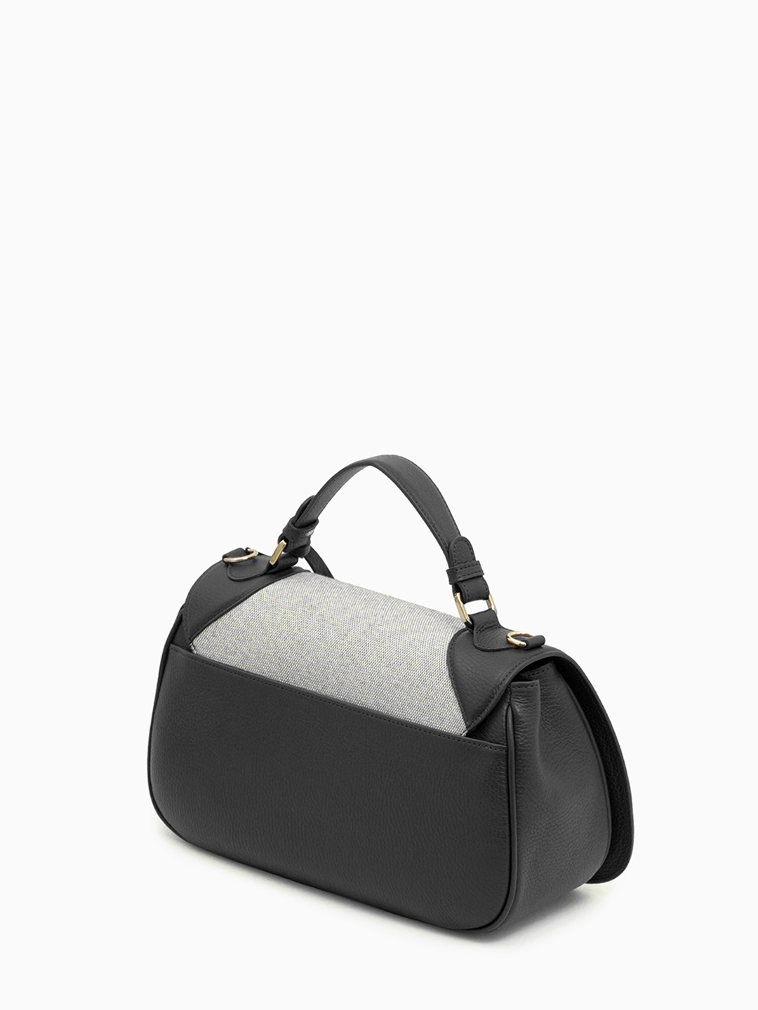 Сэтчел с вставками из натурального льна с золотистой фурнитурой от Di Gregorio в чёрном цвете