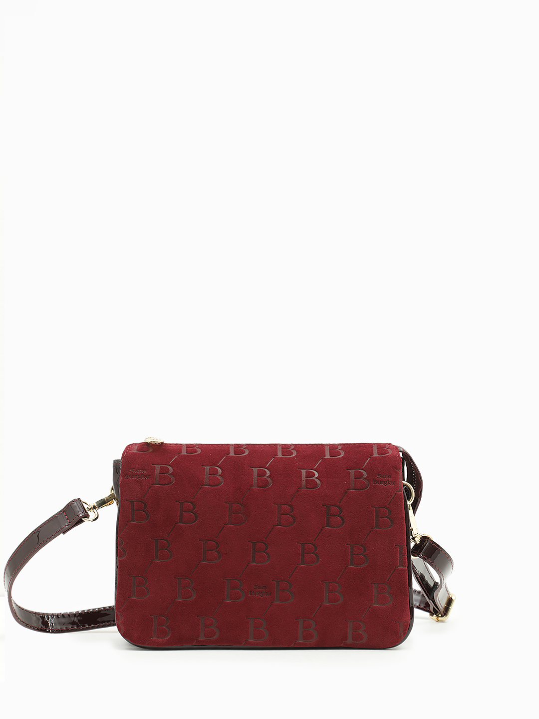 Сумка кросс-боди от Sara Bulglar прямоугольной формы из натуральной замши и лаковой кожи бордового цвета 