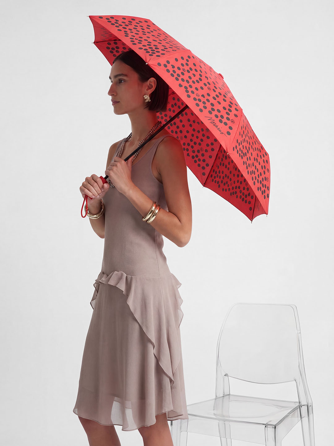 Зонт-автомат мини в горошек красного цвета от MOSCHINO