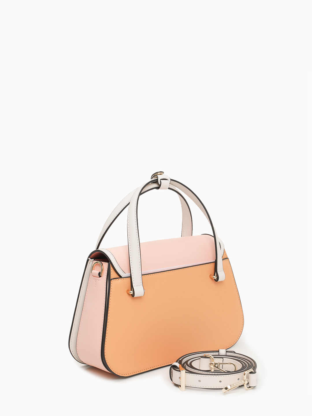 Сумка трапециевидной формы с поворотным замком на фирменной пряжке от Cromia из рыжей и розовой кожи