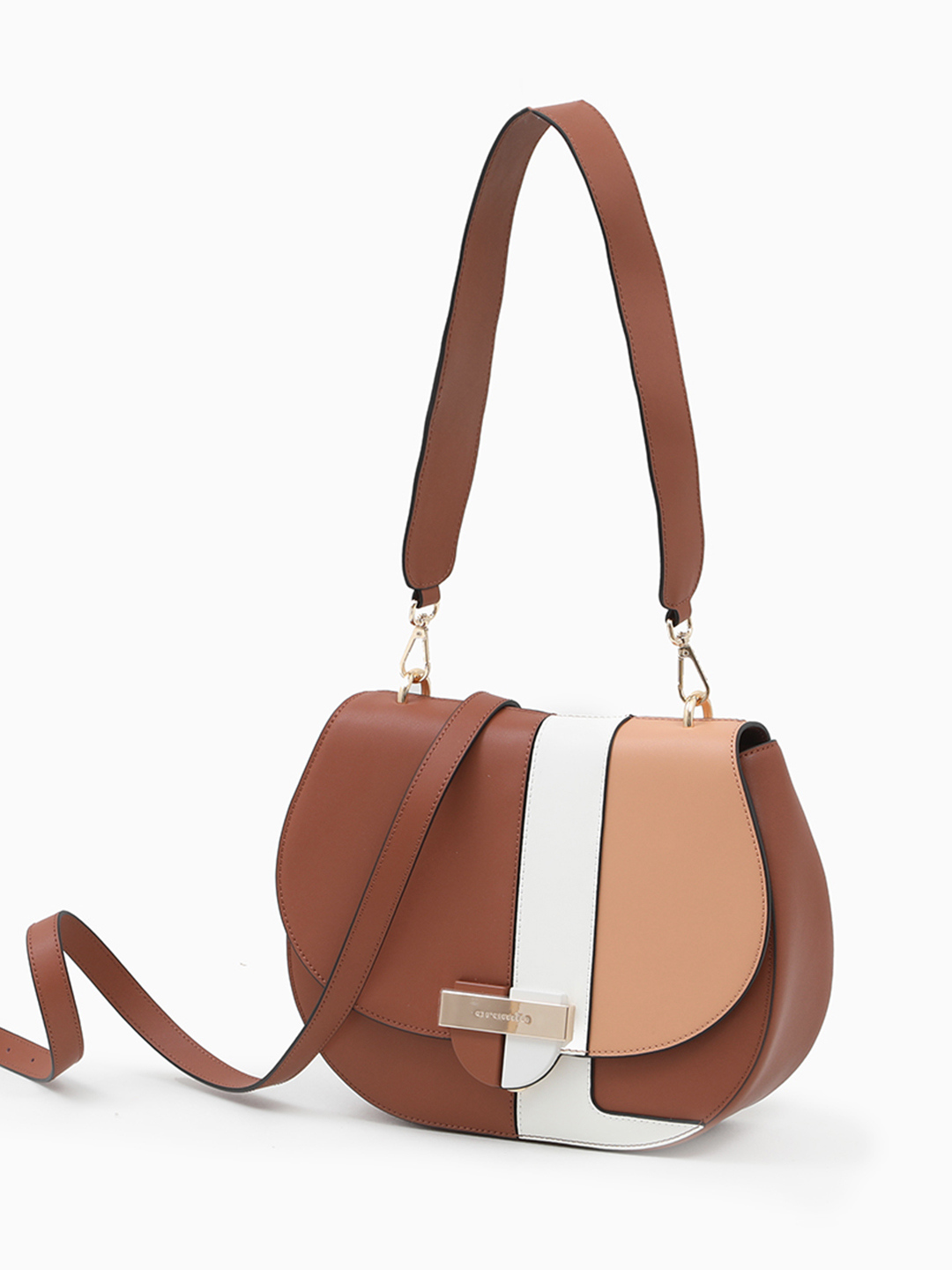 Полукруглая сумка в стиле колор-блок с золотистой плашкой CROMIA в ореховом оттенке