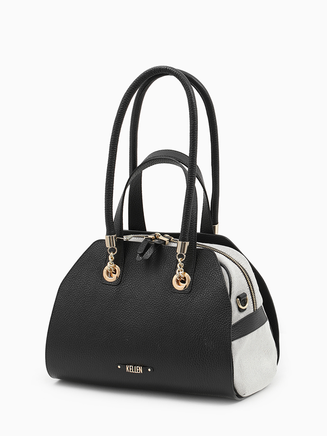 Сумка-трансформер с двойными ручками от KELLEN из текстиля и натуральной кожи чёрного цвета