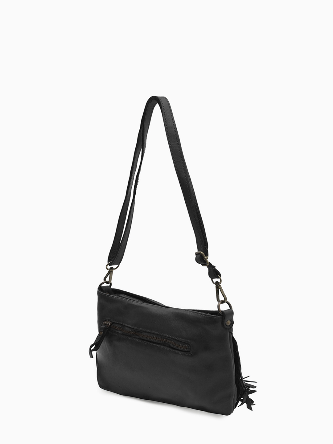 Винтажная кросс-боди с бахромой от бренда FOLLE в коже лавато чёрного цвета