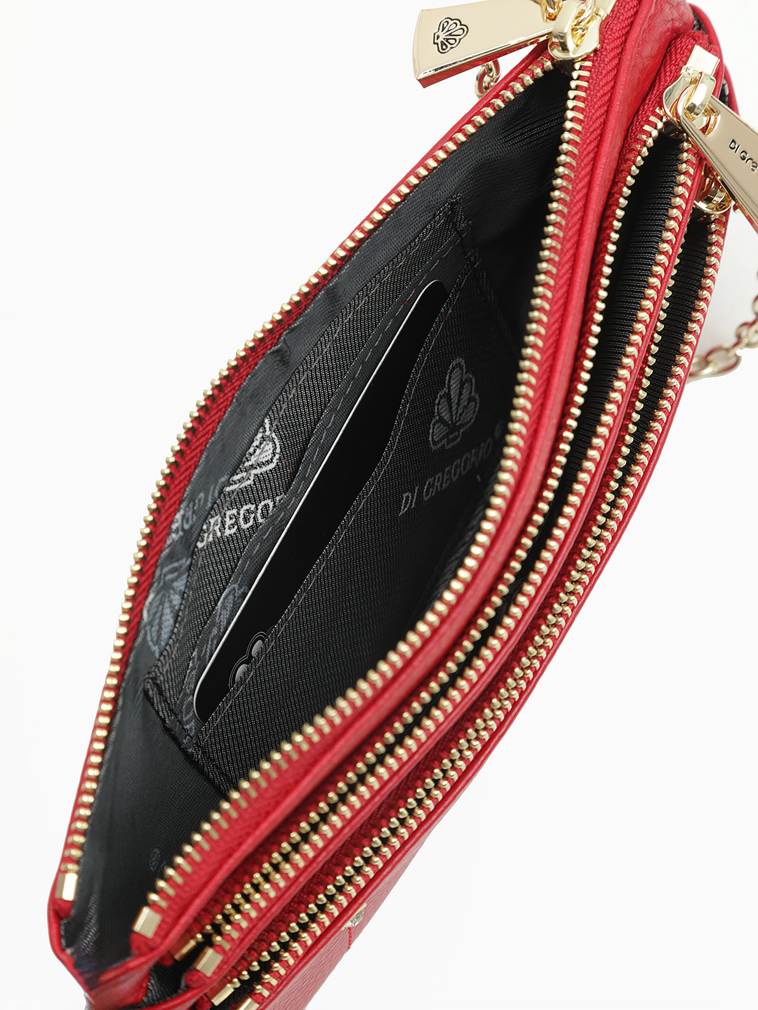 Кошелёк с тремя отделениями на молнии и логотипом Di Gregorio из кожи красного цвета