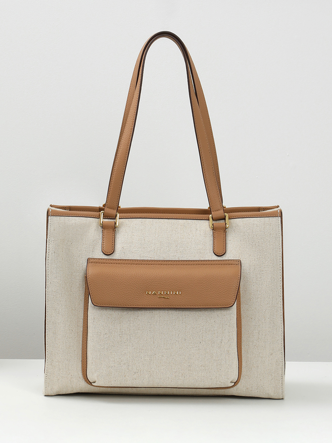 Тоут с вместительным внешним карманом от NANNINI из текстиля и натуральной кожи оттенка кэмел