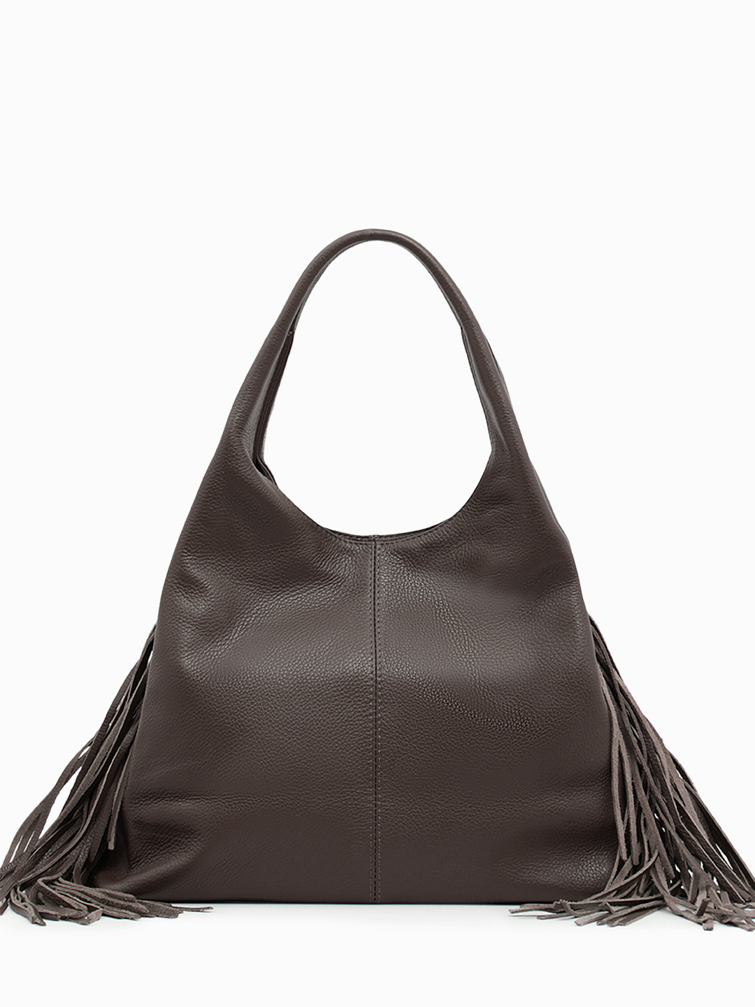Кожаная сумка-мешок с длинной боковой бахромой от FOLLE в коричневом оттенке