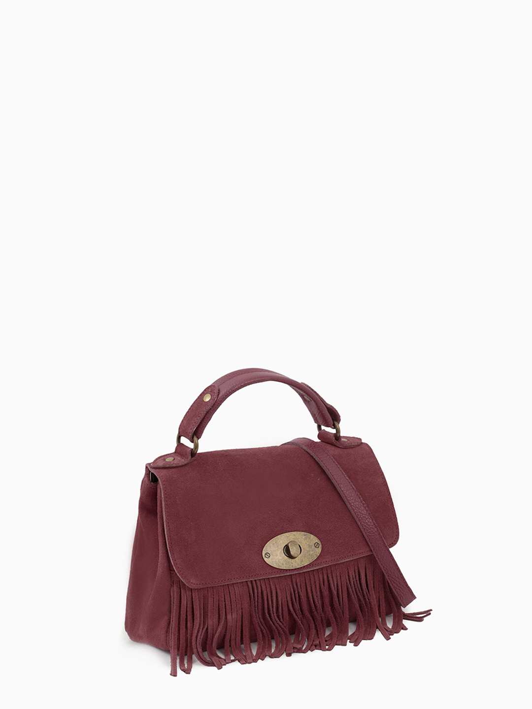 Сумка-сэтчел из натуральной замши бордового оттенка с бахромой от FOLLE