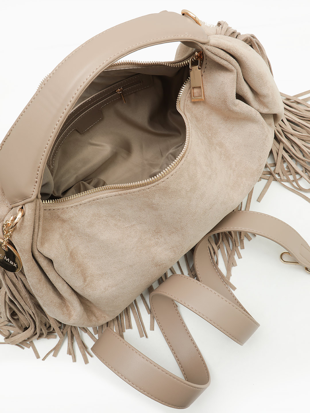 Сумка-мешок с бахромой по бокам от Alex Max из замши темно-бежевого цвета