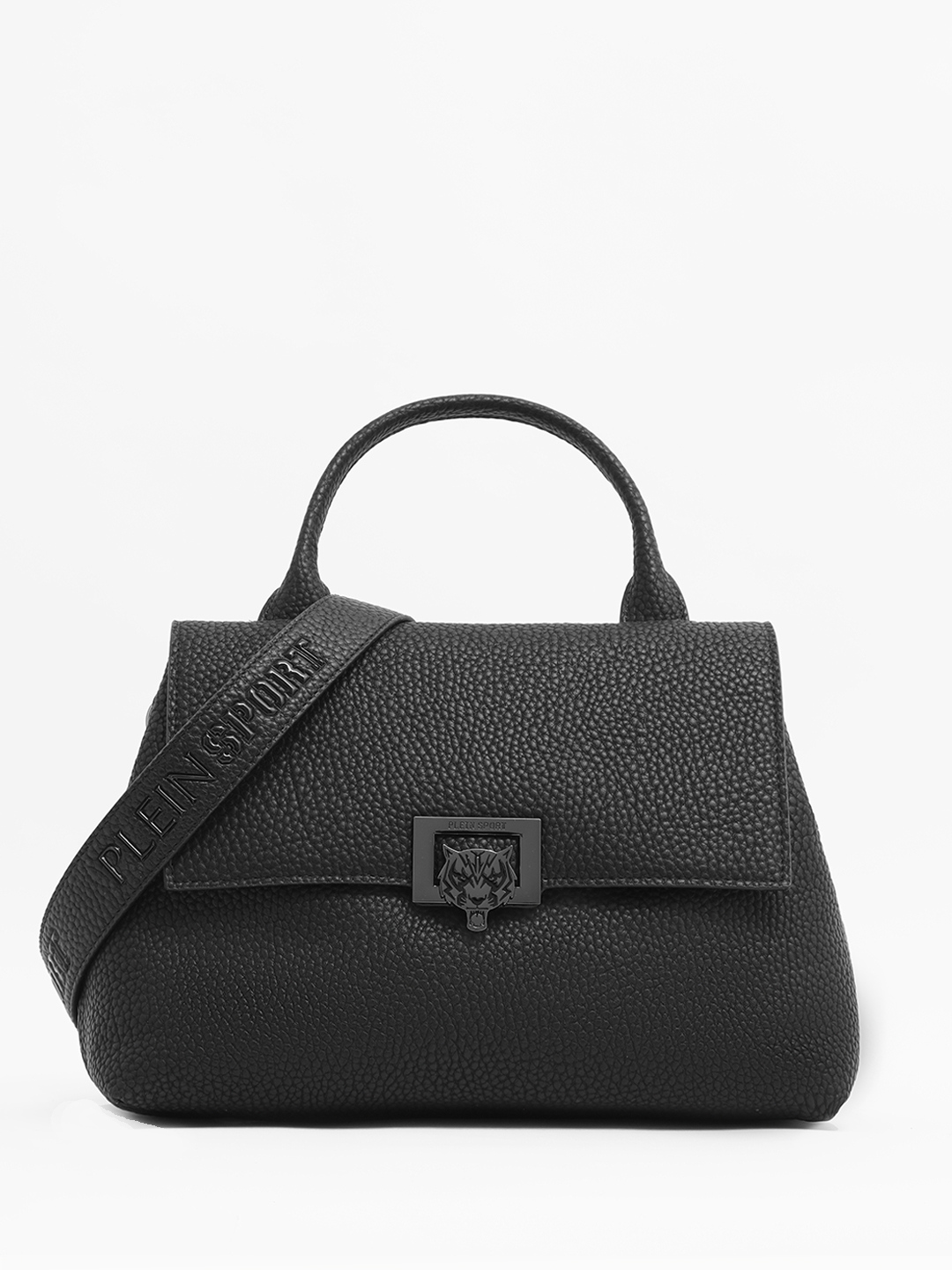 Чёрный сэтчел в размере М с фурнитурой в виде тигра из чернёного серебра от Plein Sport