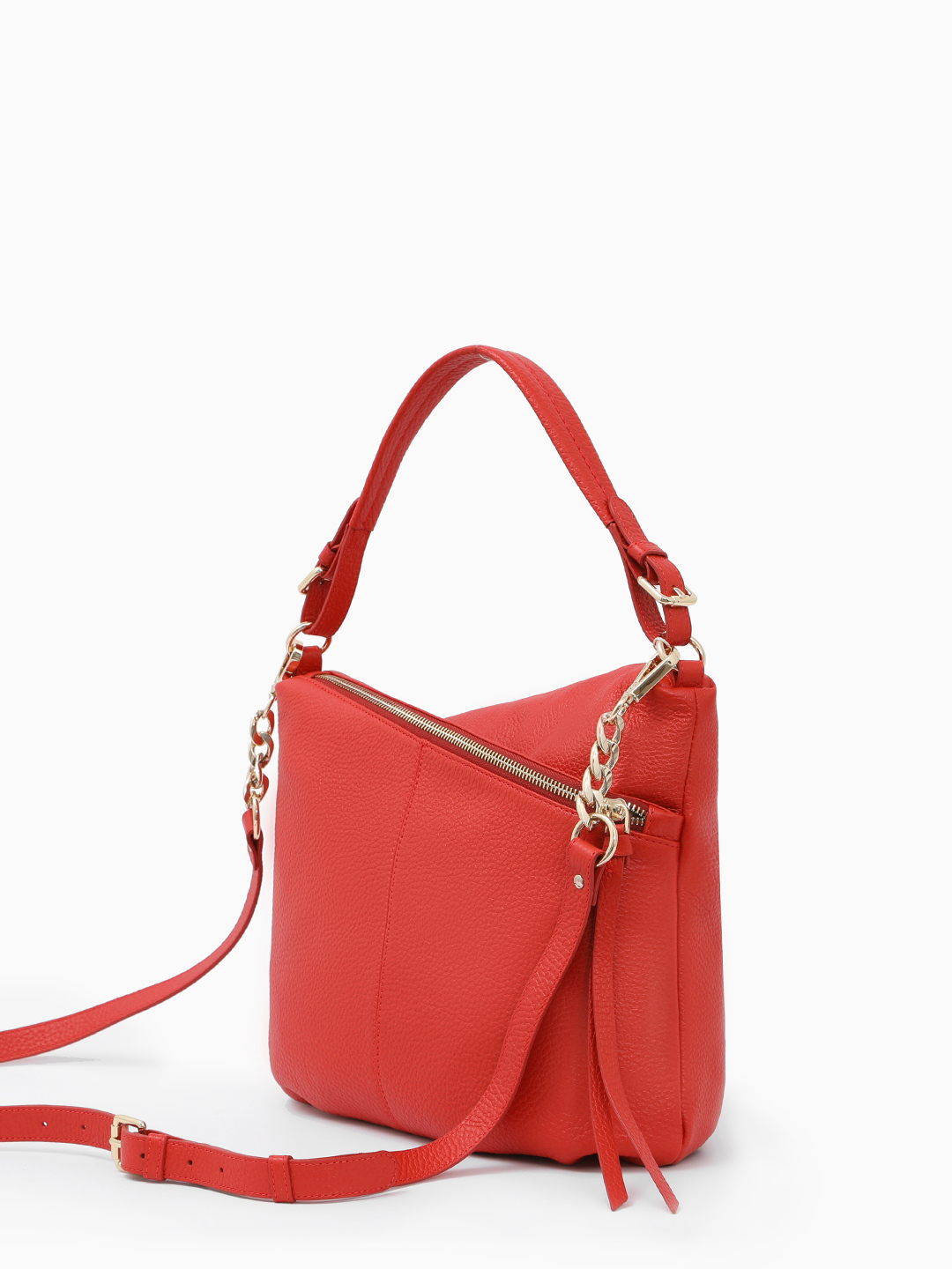 Сумка-хобо с длинными кожаными пуллерами и золотистой фурнитурой от KELLEN красного цвета