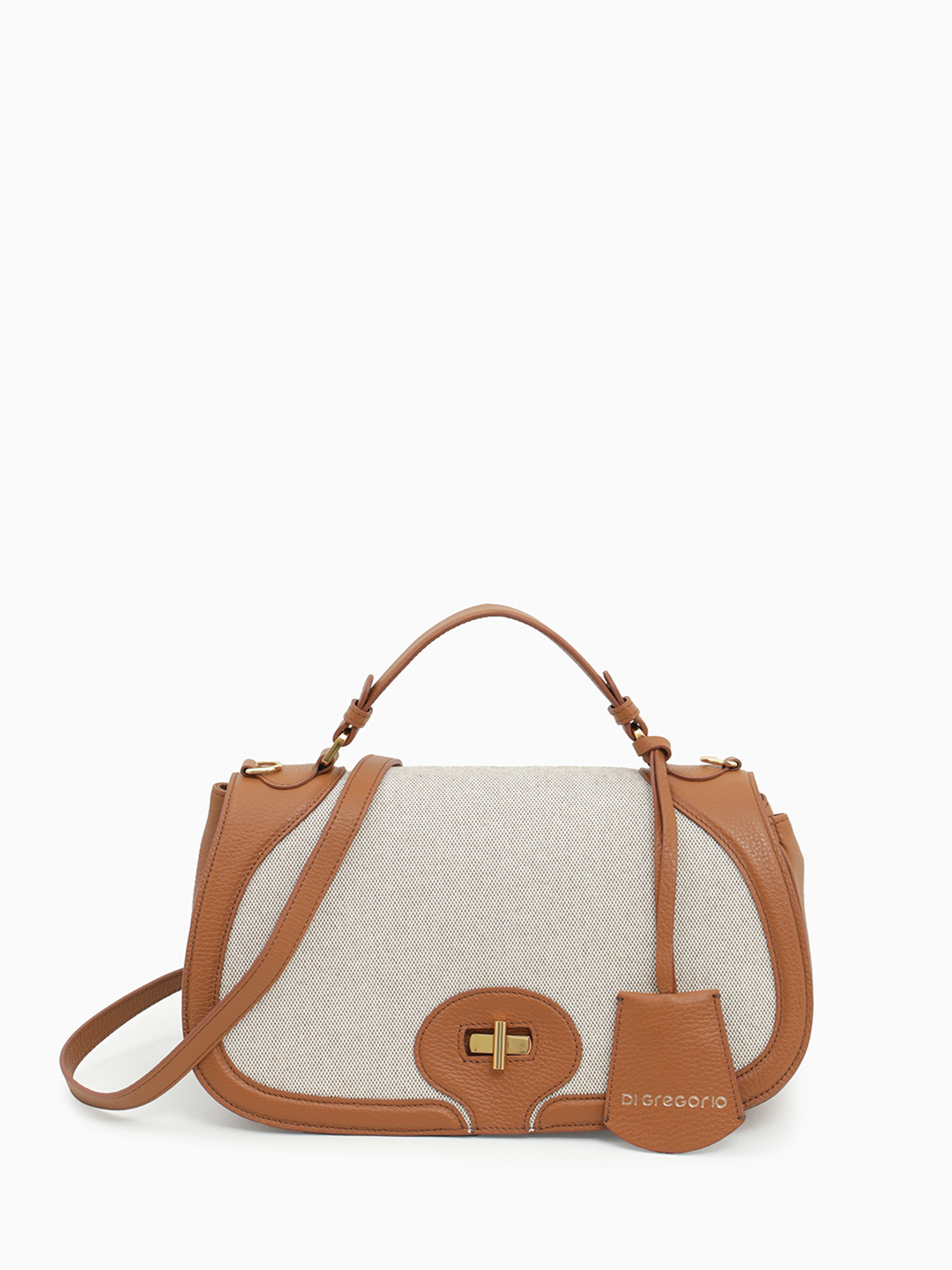 Сэтчел с вставками из натурального льна с золотистой фурнитурой от Di Gregorio в рыжем оттенке 