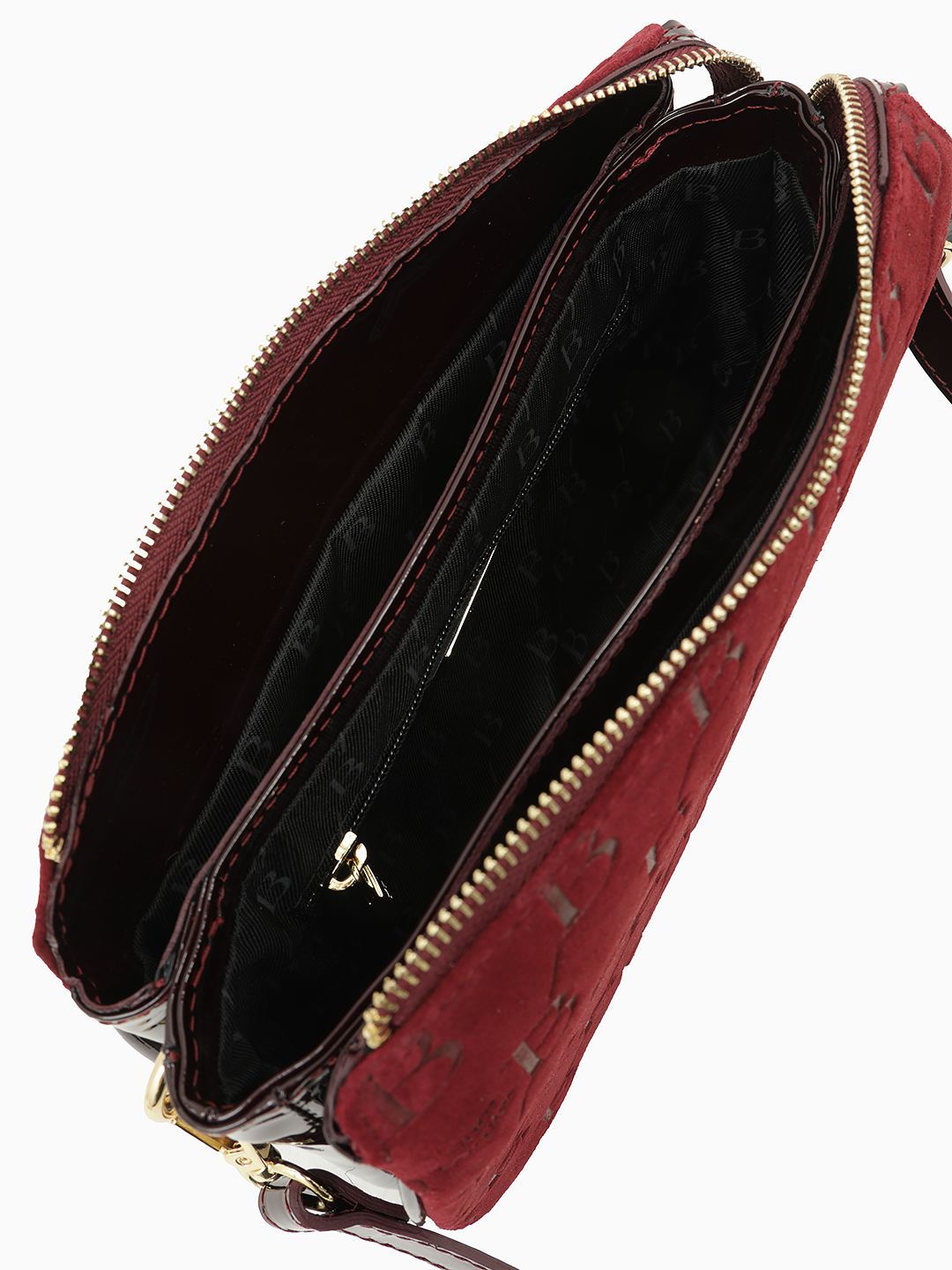 Сумка кросс-боди от Sara Bulglar прямоугольной формы из натуральной замши и лаковой кожи бордового цвета 