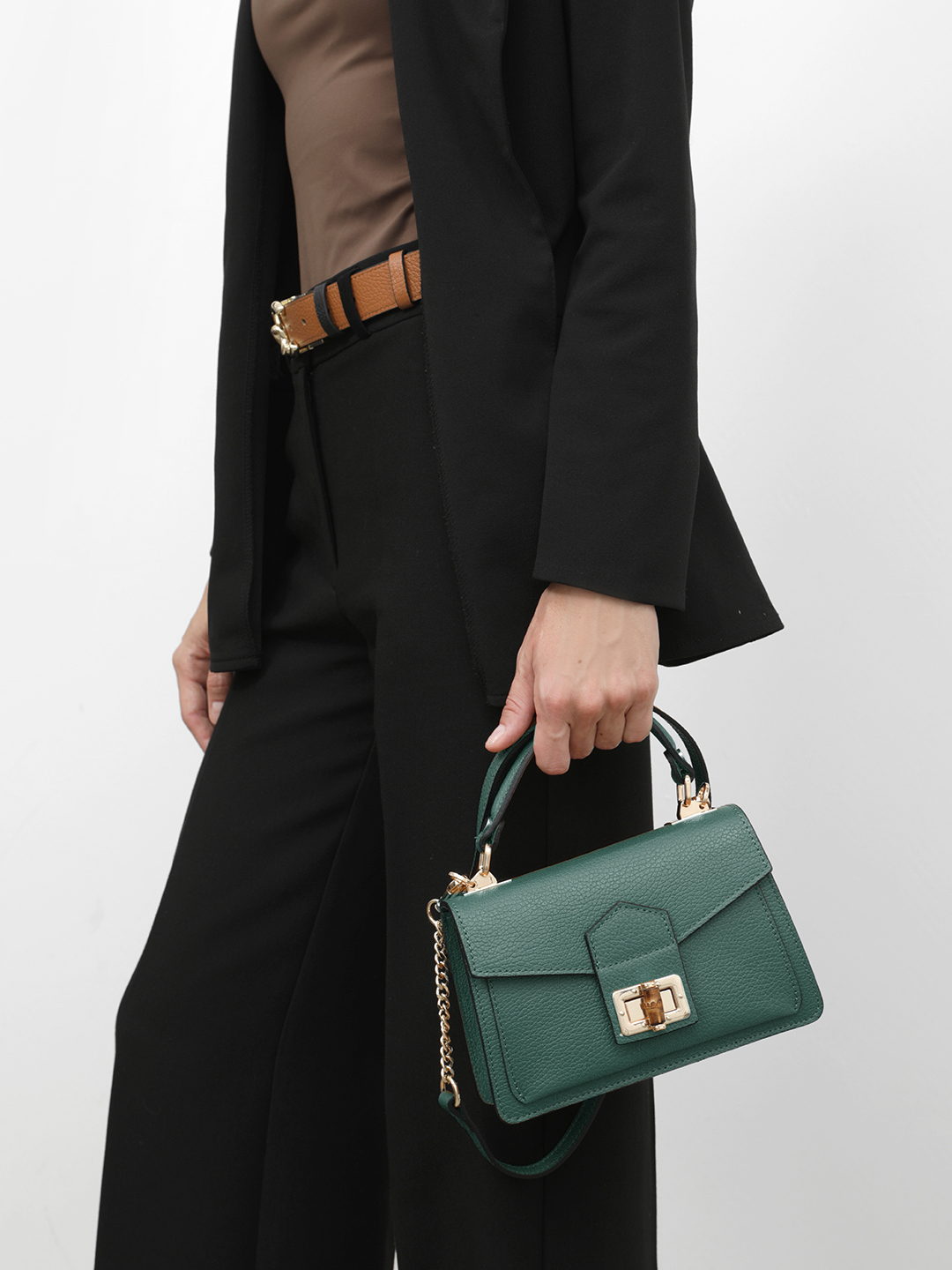 Мини-сэтчел с поворотной фурнитурой с отделкой из дерева от FOLLE в зелёном цвете pavone