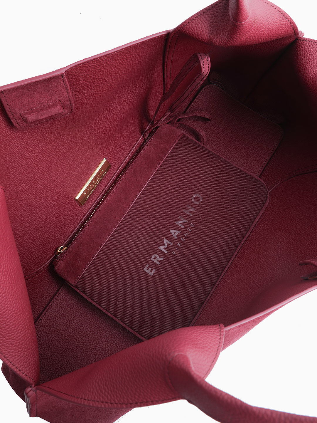 Шопер с текстильным кошельком-косметичкой от Ermanno Firenze из натуральной кожи и замши бордового цвета