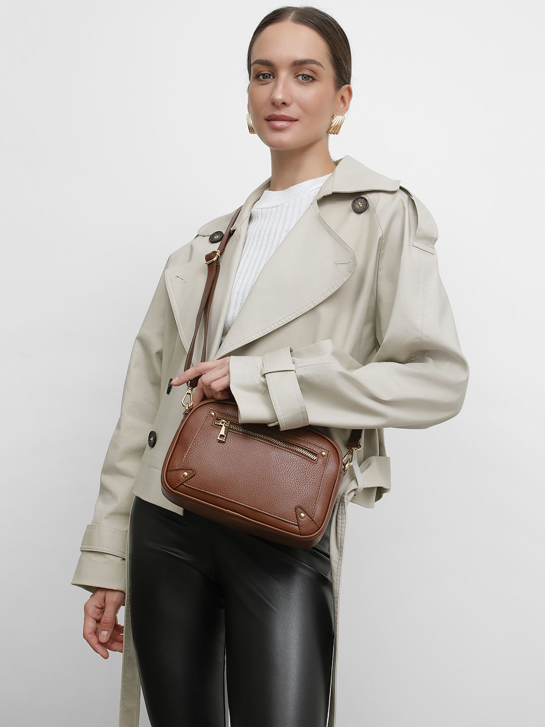 Полукруглая кросс-боди с дополнительным карманом от FOLLE в рыжем цвете