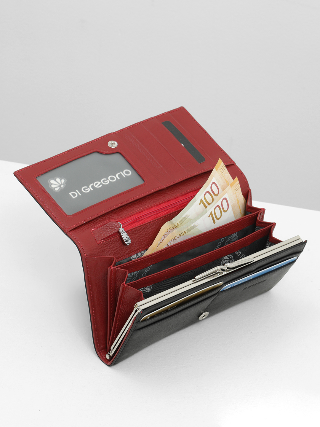 Прямоугольный бумажник от Di Gregorio черного цвета с красной внутренней отделкой