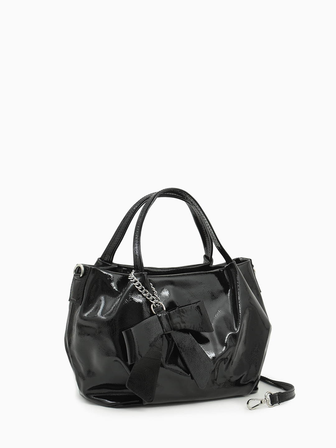 Тоут с брелком-бантом из натуральной лаковой кожи от FOLLE в чёрном цвете