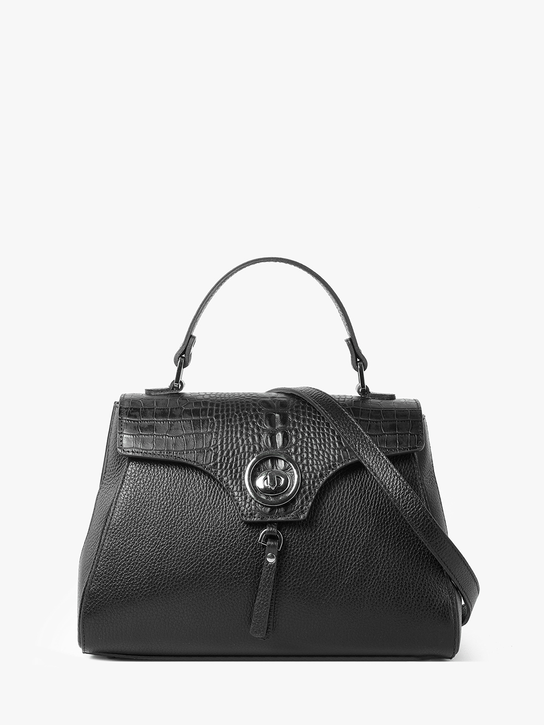 Сумка-сэтчел с изогнутым клапаном под крокодила от FOLLE в чёрном цвете