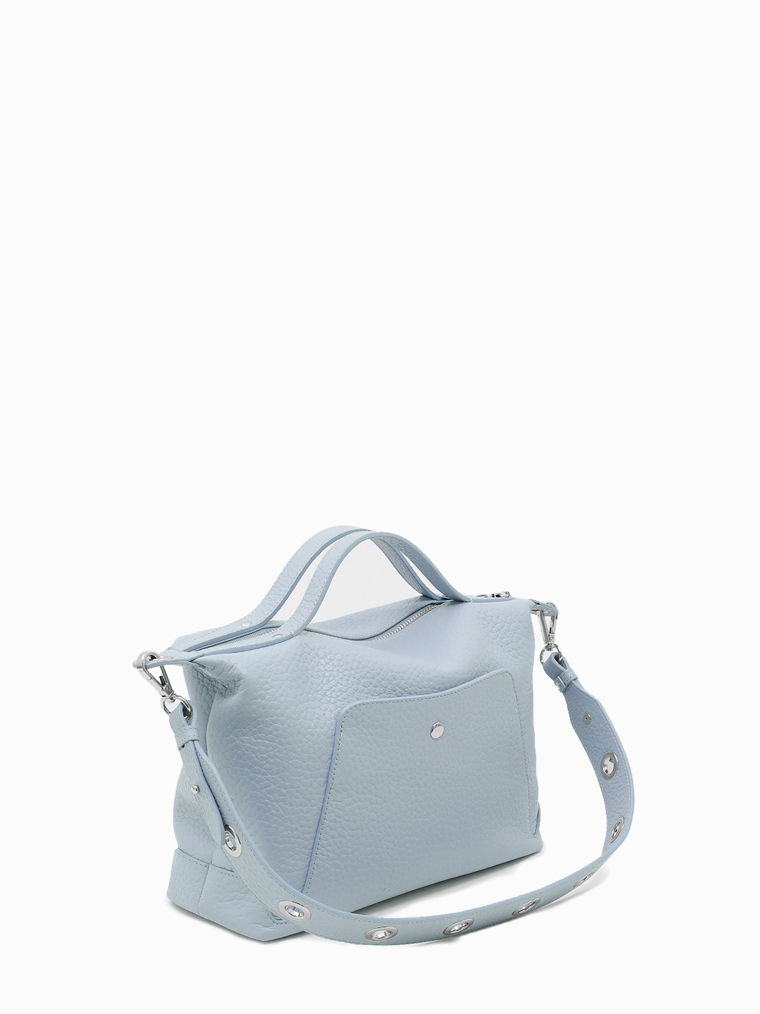 Голубая сумка с металлическими люверсами на ремне от KELLEN