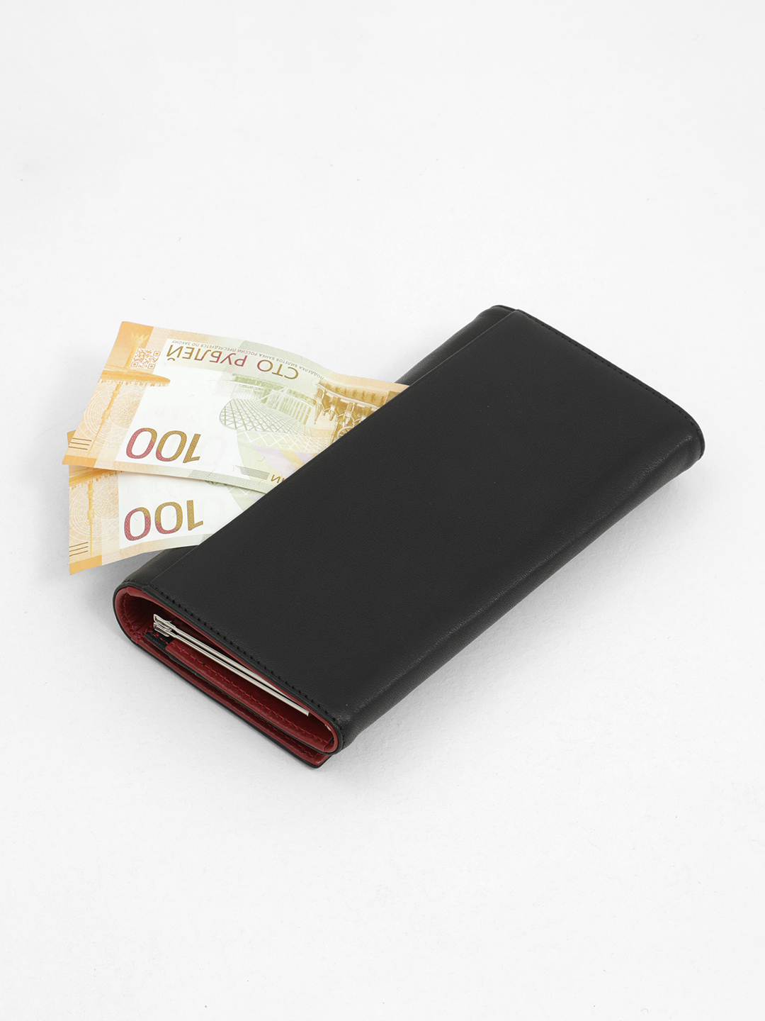 Прямоугольный бумажник от Di Gregorio черного цвета с красной внутренней отделкой