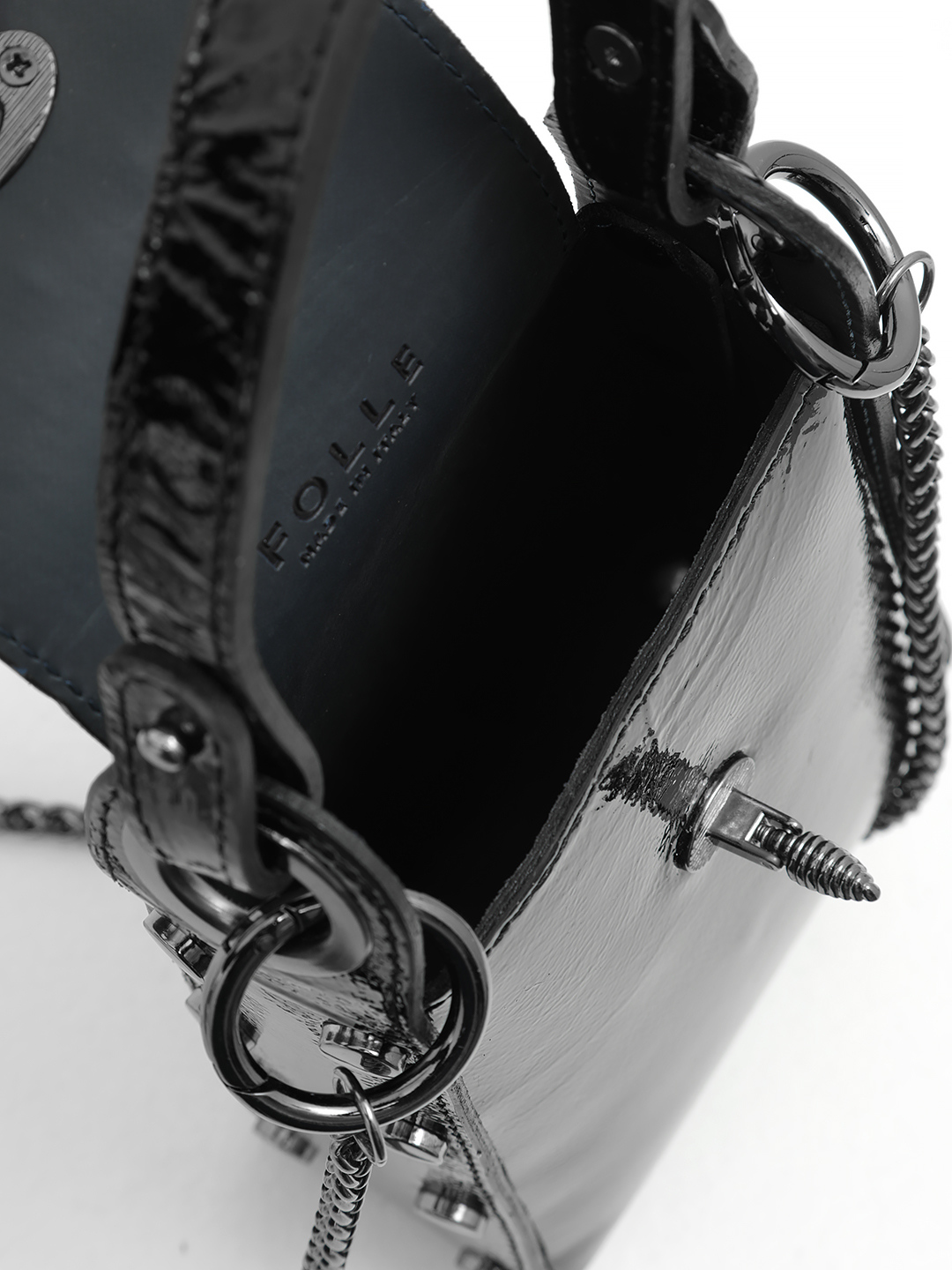 Мини-сумка "Venera" с цепью и застежкой-пчелой от FOLLE из лаковой чёрной кожи